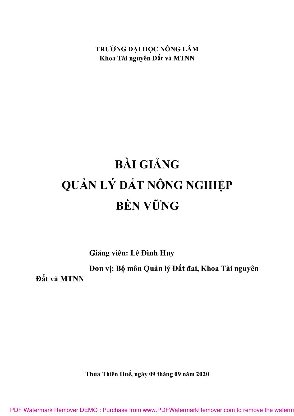 Bài giảng Quản lý đất nông nghiệp bền vững - Lê Đình Huy trang 1