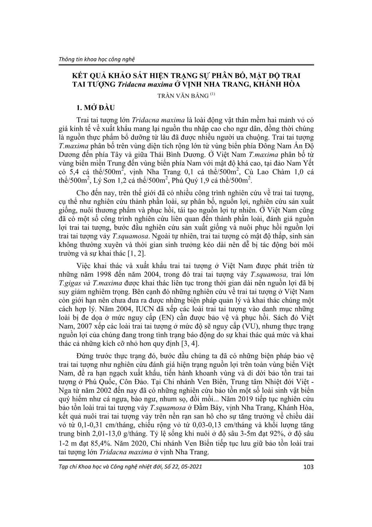 Kết quả khảo sát hiện trạng sự phân bố, mật độ trai tai tượng Tridacna maxima ở vịnh Nha Trang, Khánh Hòa trang 1