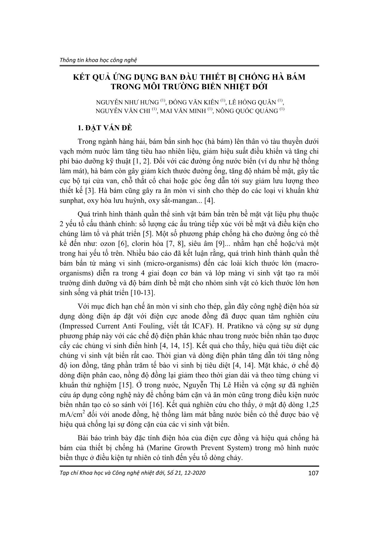 Kết quả ứng dụng ban đầu thiết bị chống hà bám trong môi trường biển nhiệt đới trang 1