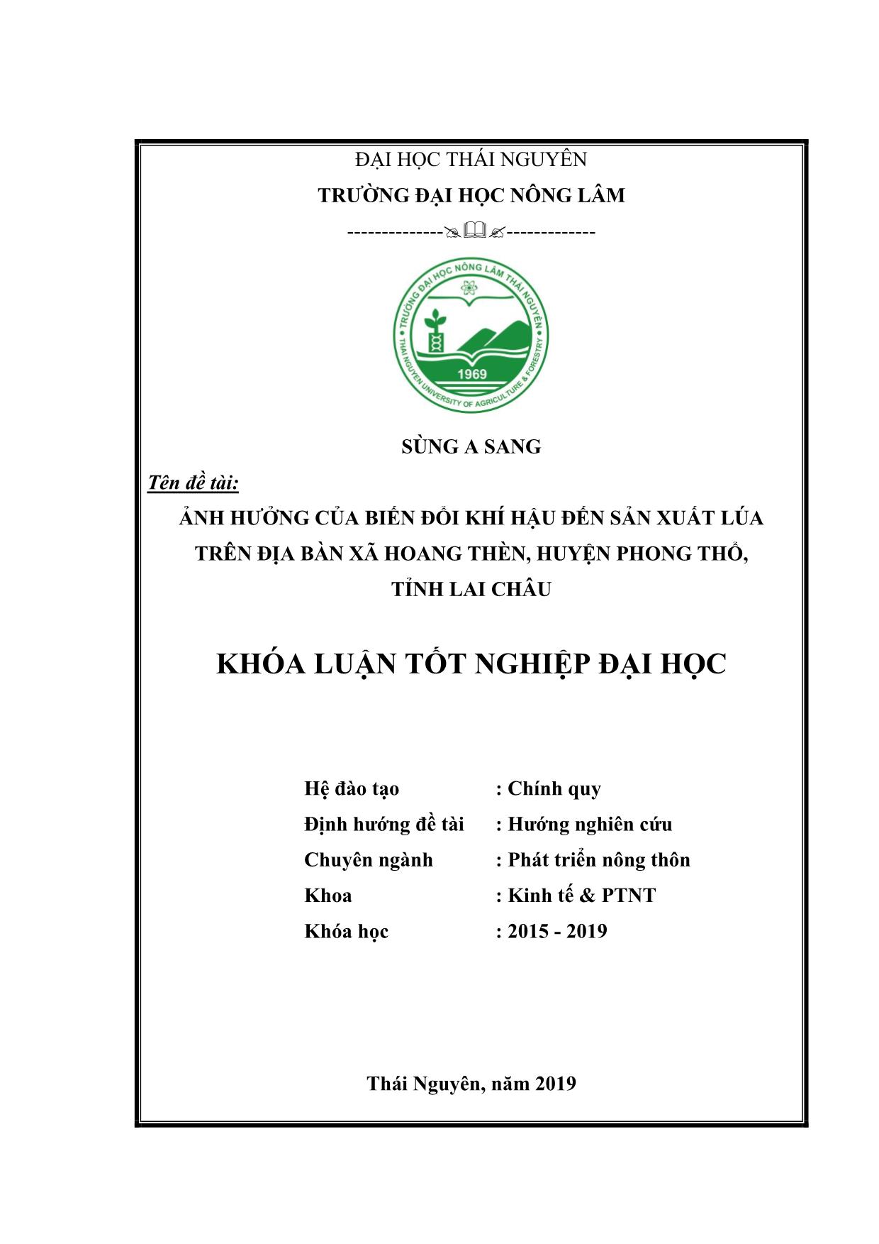 Khóa luận Ảnh hưởng của biến đổi khí hậu đến sản xuất lúa trên địa bàn xã Hoang Thèn, huyện Phong Thổ, tỉnh Lai Châu trang 1