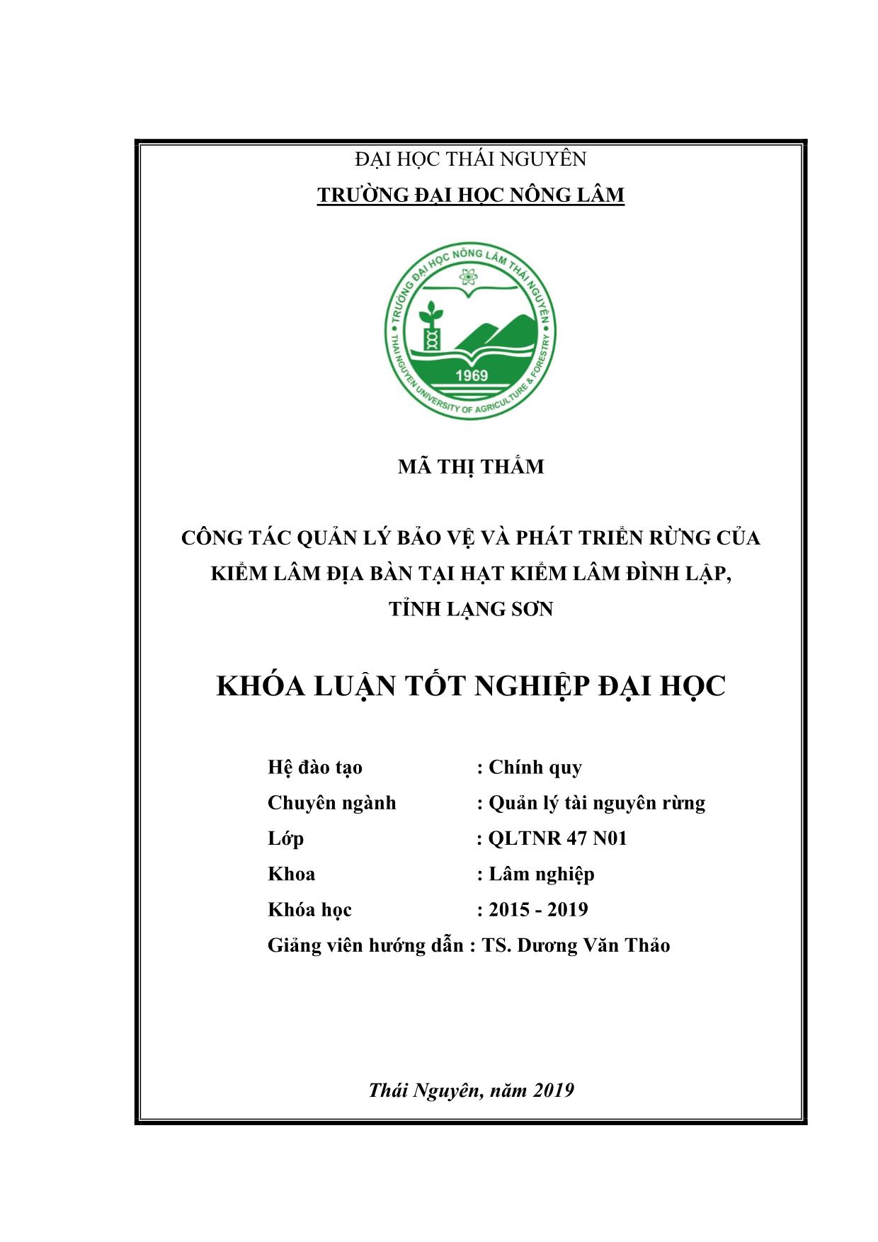 Khóa luận Công tác quản lý bảo vệ và phát triển rừng của kiểm lâm địa bàn tại Hạt kiểm lâm Đình Lập, tỉnh Lạng Sơn trang 2