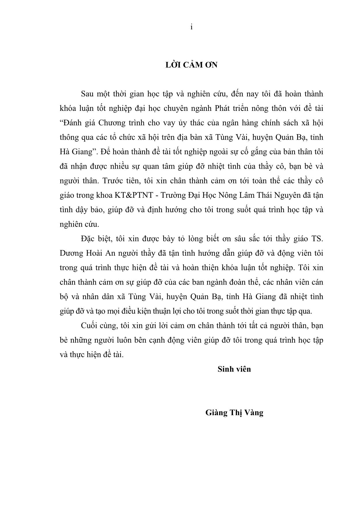 Khóa luận Đánh giá chương trình cho vay ủy thác của ngân hàng chính sách xã hội thông qua các tổ chức xã hội trên địa bàn xã Tùng Vài, Quản Bạ, Hà Giang trang 3