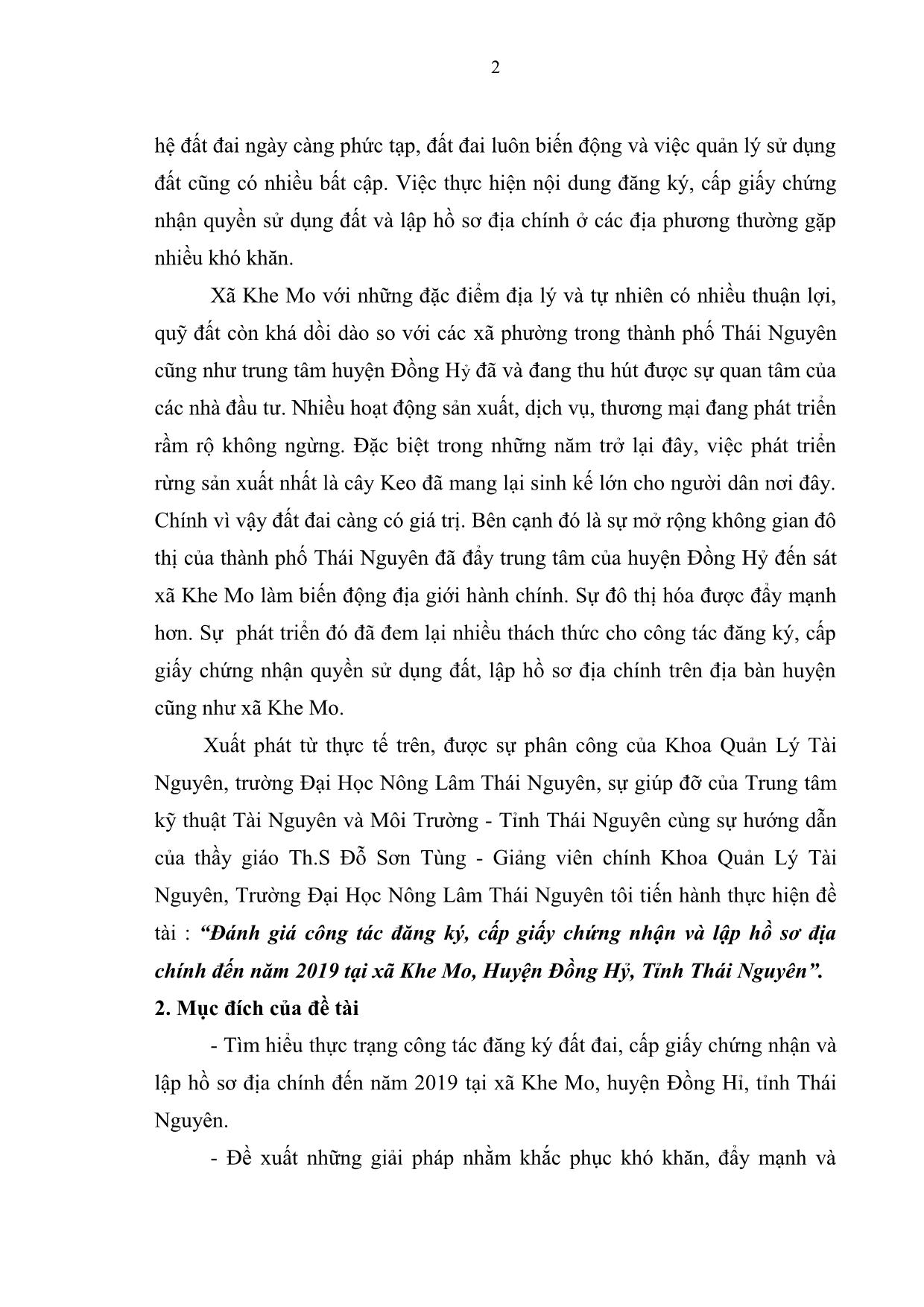 Khóa luận Đánh giá công tác đăng ký, cấp giấy chứng nhận và lập hồ sơ địa chính đến năm 2019 tại xã Khe Mo, huyện Đồng Hỷ, tỉnh Thái Nguyên trang 10