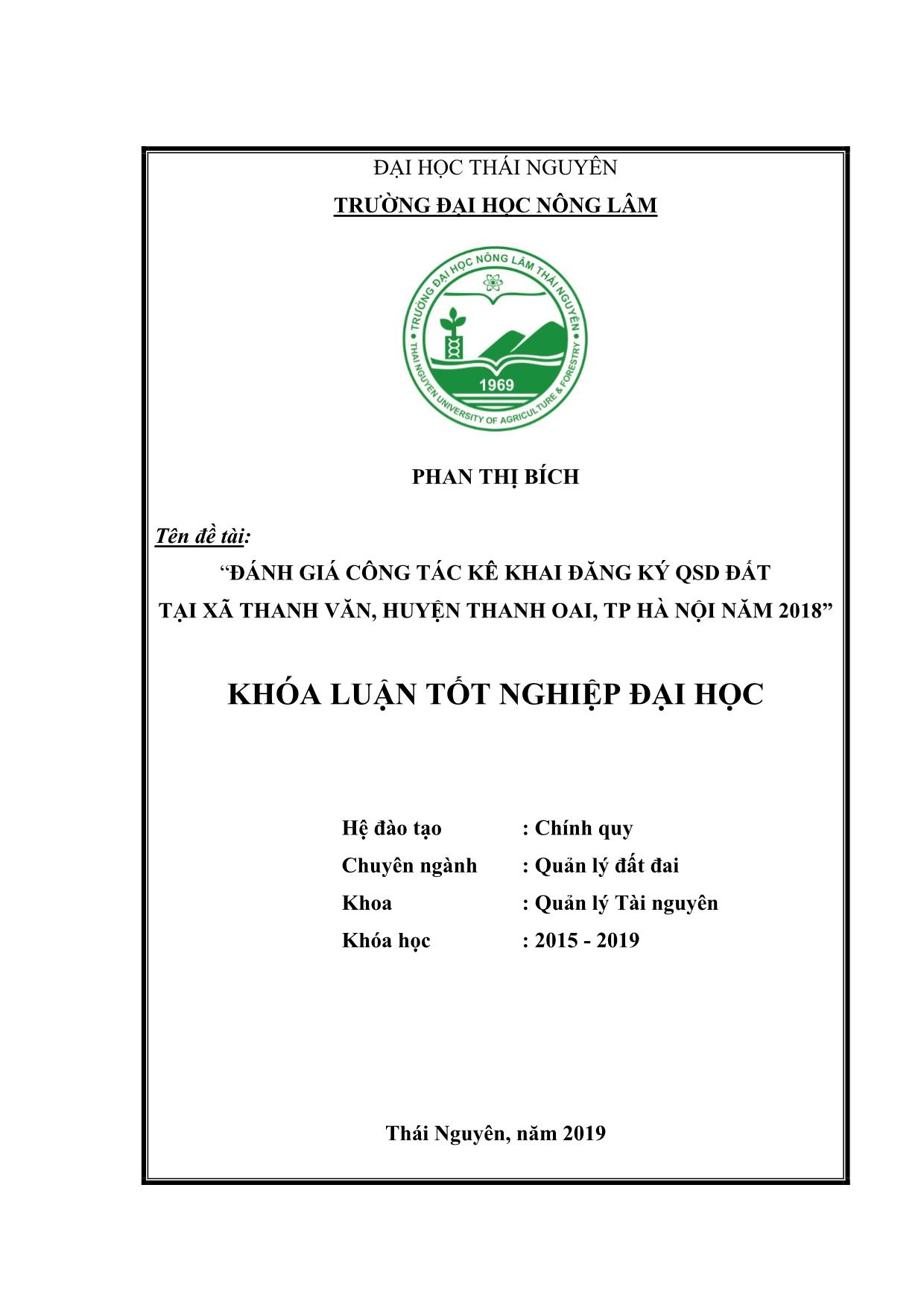 Khóa luận Đánh giá công tác kê khai đăng ký quyền sử dụng đất tại xã Thanh Văn, huyện Thanh Oai, thành phố Hà Nội năm 2018 trang 1