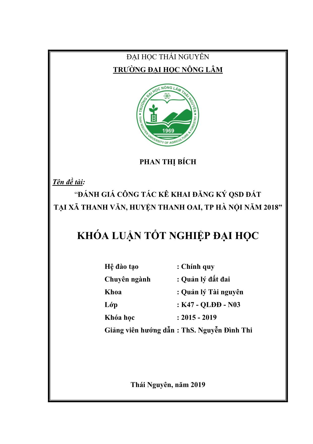 Khóa luận Đánh giá công tác kê khai đăng ký quyền sử dụng đất tại xã Thanh Văn, huyện Thanh Oai, thành phố Hà Nội năm 2018 trang 2