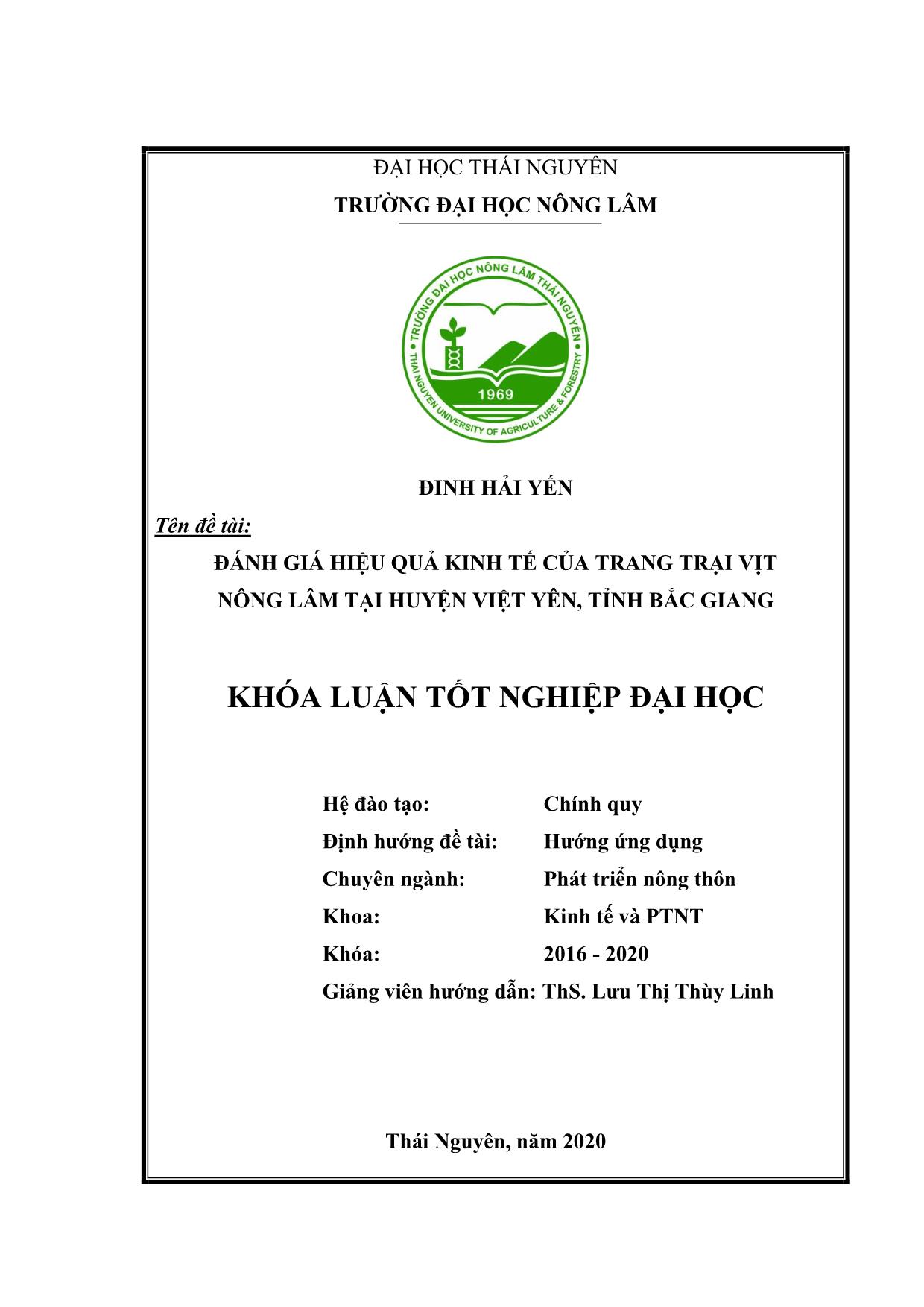 Khóa luận Đánh giá hiệu quả kinh tế của trang trại vịt Nông Lâm tại huyện Việt Yên, tỉnh Bắc Giang trang 1