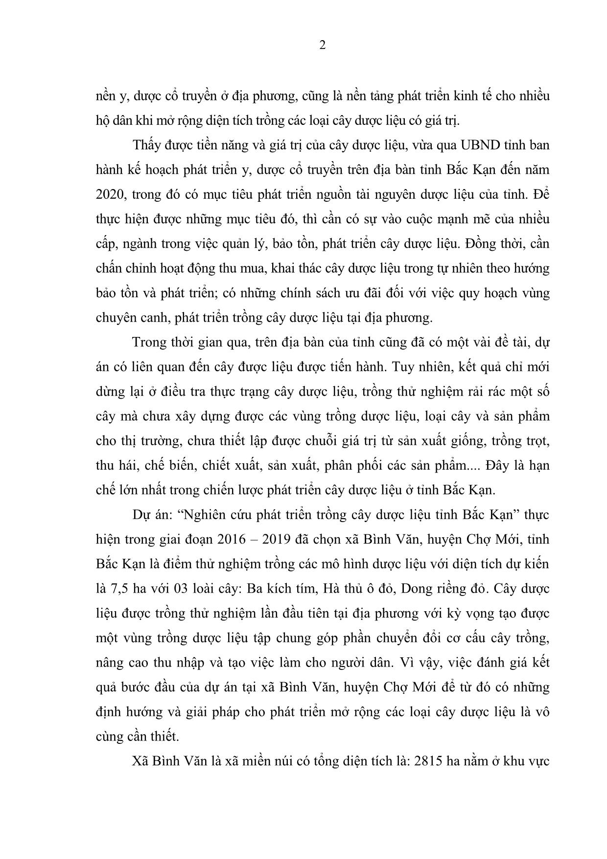 Khóa luận Đánh giá kết quả bước đầu Dự án “Nghiên cứu phát triển trồng cây dược liệu tỉnh Bắc Kạn” tại xã Bình Văn, huyện Chợ Mới giai đoạn 2016-2019 trang 9