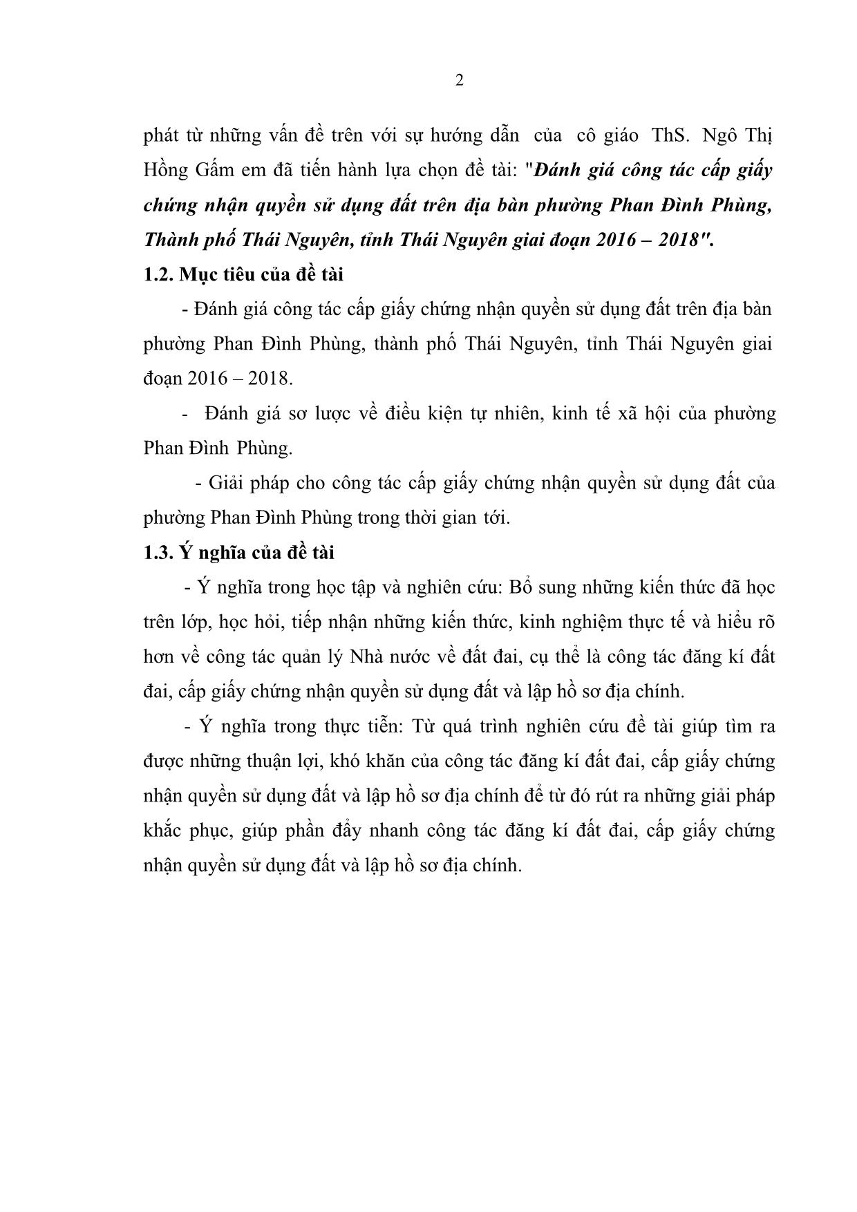 Khóa luận Đánh giá công tác cấp giấy chứng nhận quyền sử dụng đất trên địa bàn phường Phan Đình Phùng, thành phố Thái Nguyên, tỉnh Thái Nguyên giai đoạn 2016-2018 trang 10