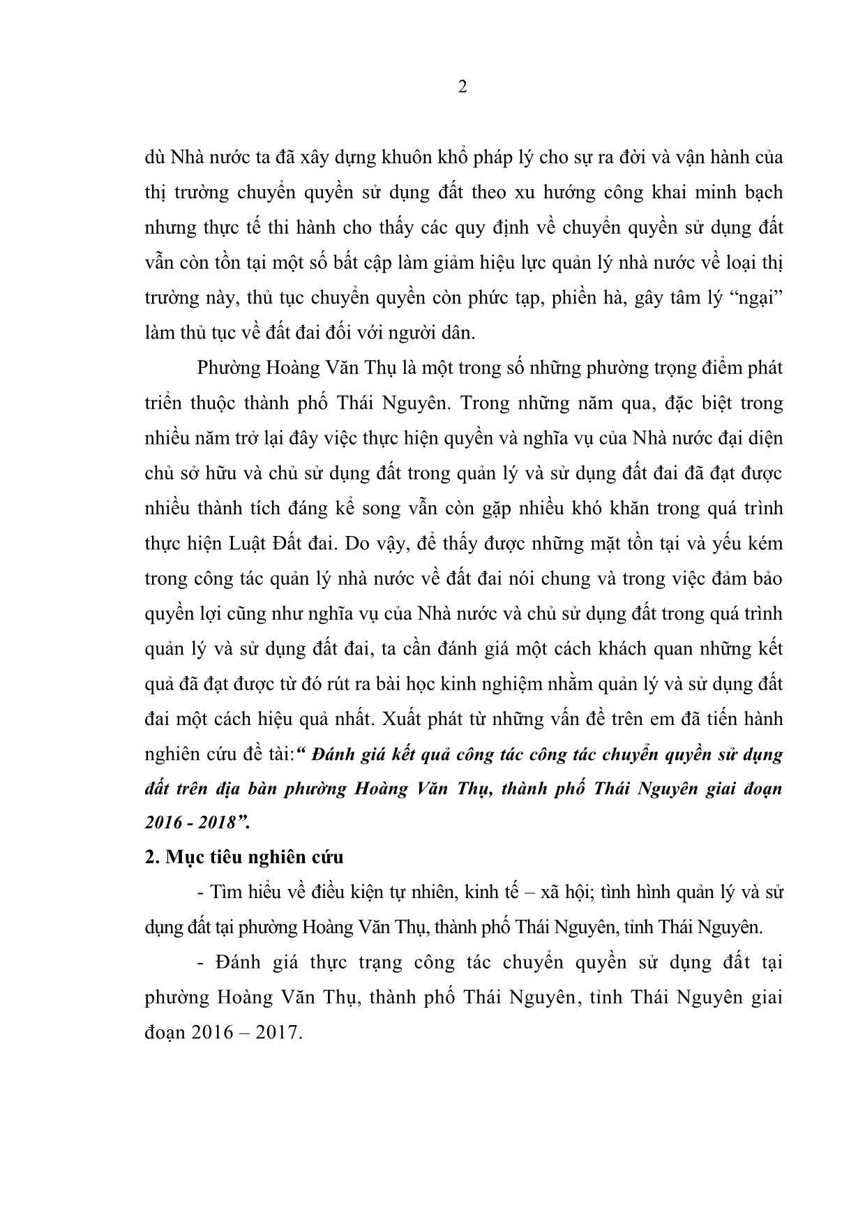 Khóa luận Đánh giá kết quả công tác công tác chuyển quyền sử dụng đất trên địa bàn phường Hoàng Văn Thụ, thành phố Thái Nguyên giai đoạn 2016-2018 trang 9