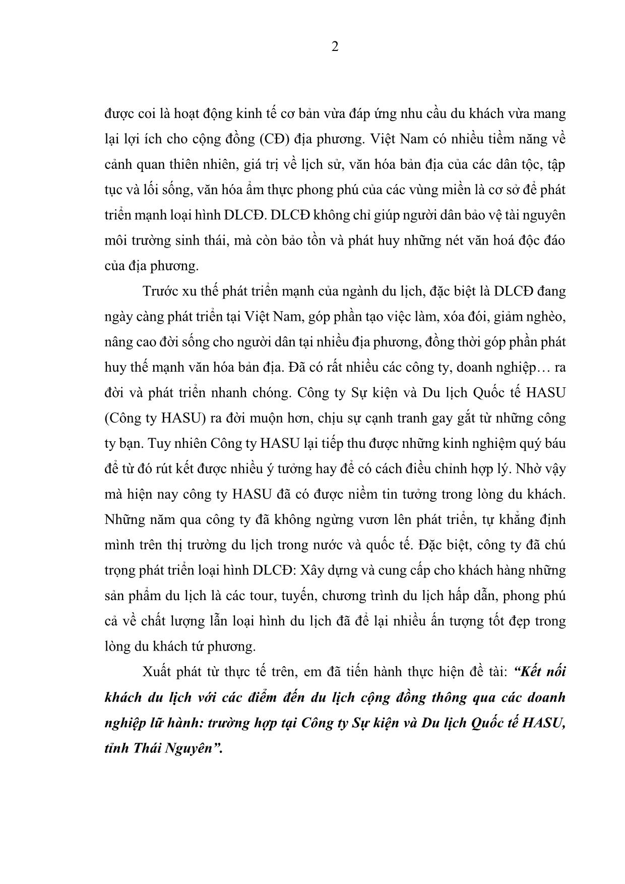 Khóa luận Kết nối khách du lịch với các điểm đến du lịch cộng đồng thông qua các doanh nghiệp lữ hành: trường hợp tại Công ty Sự kiện và Du lịch Quốc tế HASU, tỉnh Thái Nguyên trang 9
