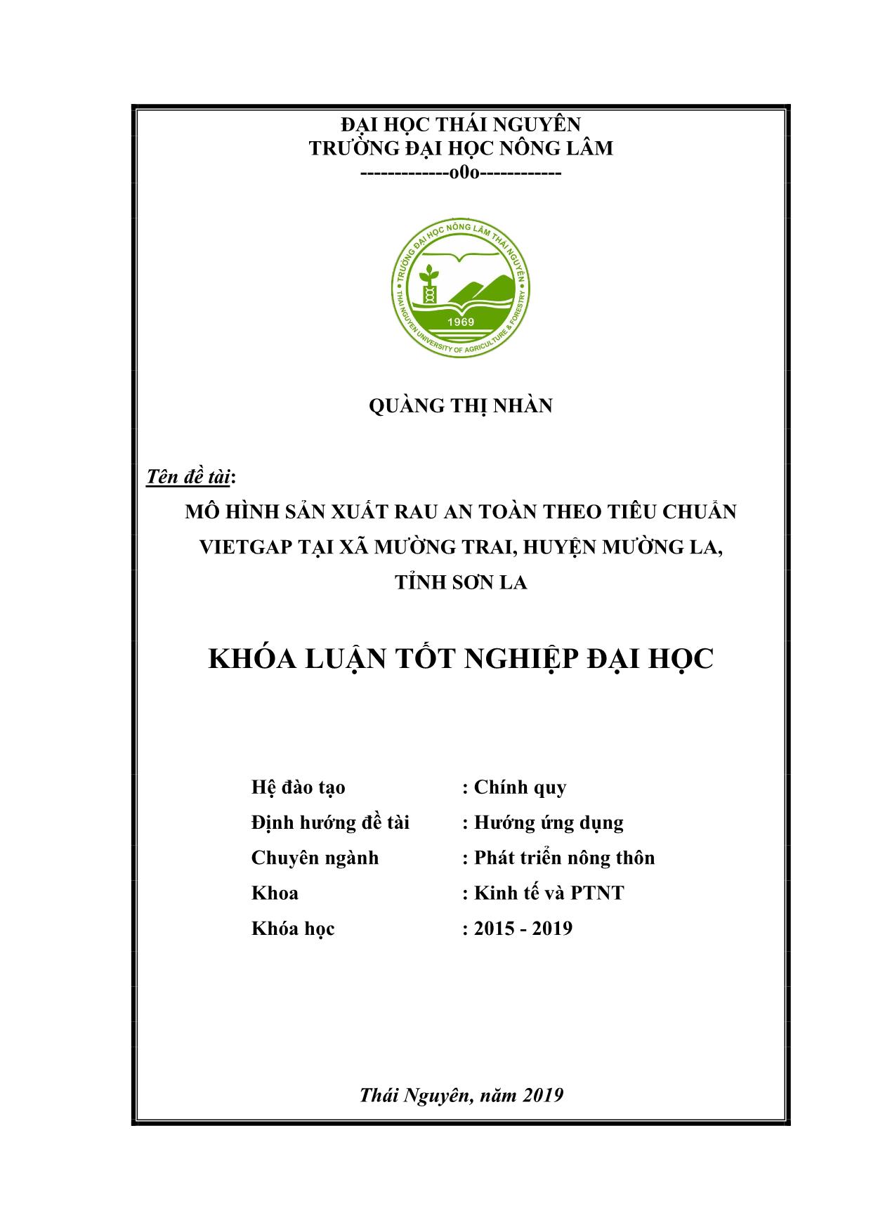 Khóa luận Mô hình sản xuất rau an toàn theo tiêu chuẩn VietGAP tại xã Mường Trai, huyện Mường La, tỉnh Sơn La trang 1