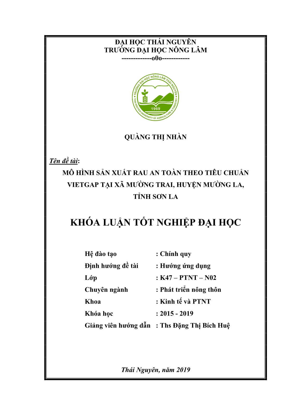 Khóa luận Mô hình sản xuất rau an toàn theo tiêu chuẩn VietGAP tại xã Mường Trai, huyện Mường La, tỉnh Sơn La trang 2