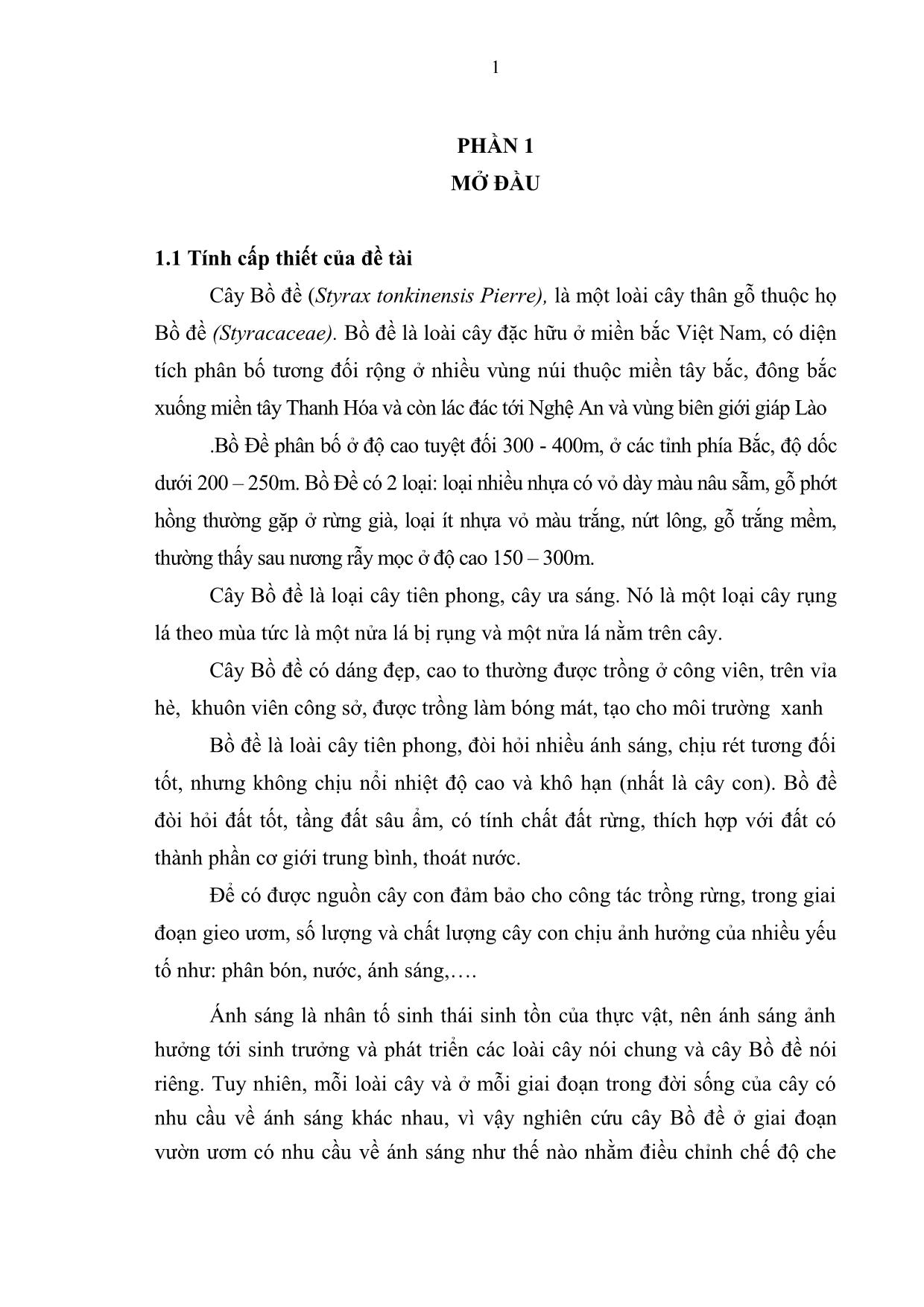 Khóa luận Nghiên cứu ảnh hưởng của chế độ che sáng đến sinh trưởng của cây Bồ Đề (Styrax tonkinensis Pierre) giai đoạn vườn ươm tại Đại học Nông Lâm Thái Nguyên trang 10