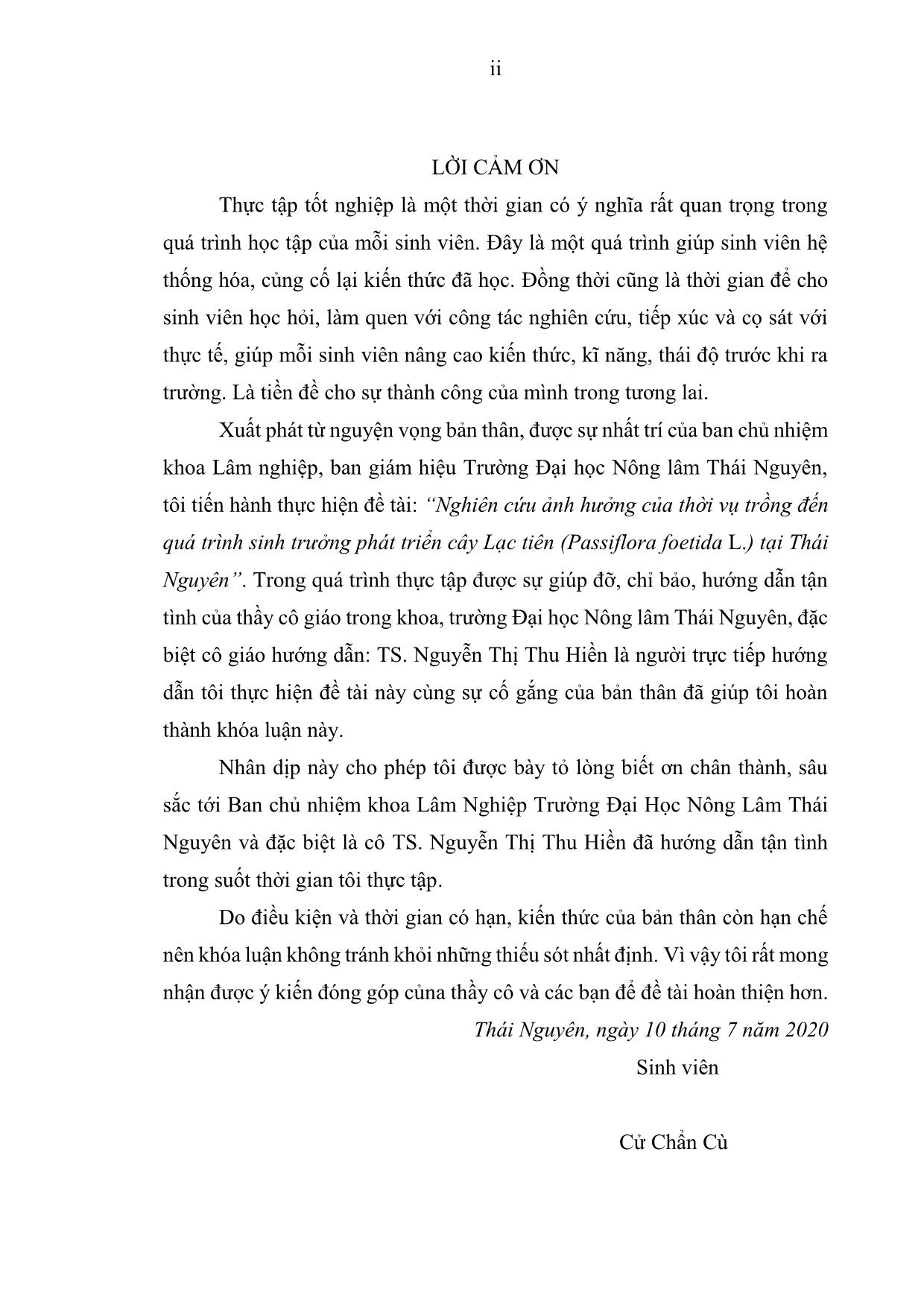 Khóa luận Nghiên cứu ảnh hưởng của thời vụ trồng đến quá trình sinh trưởng phát triển cây Lạc tiên (Passiflora foetida L.) tại Thái Nguyên trang 3