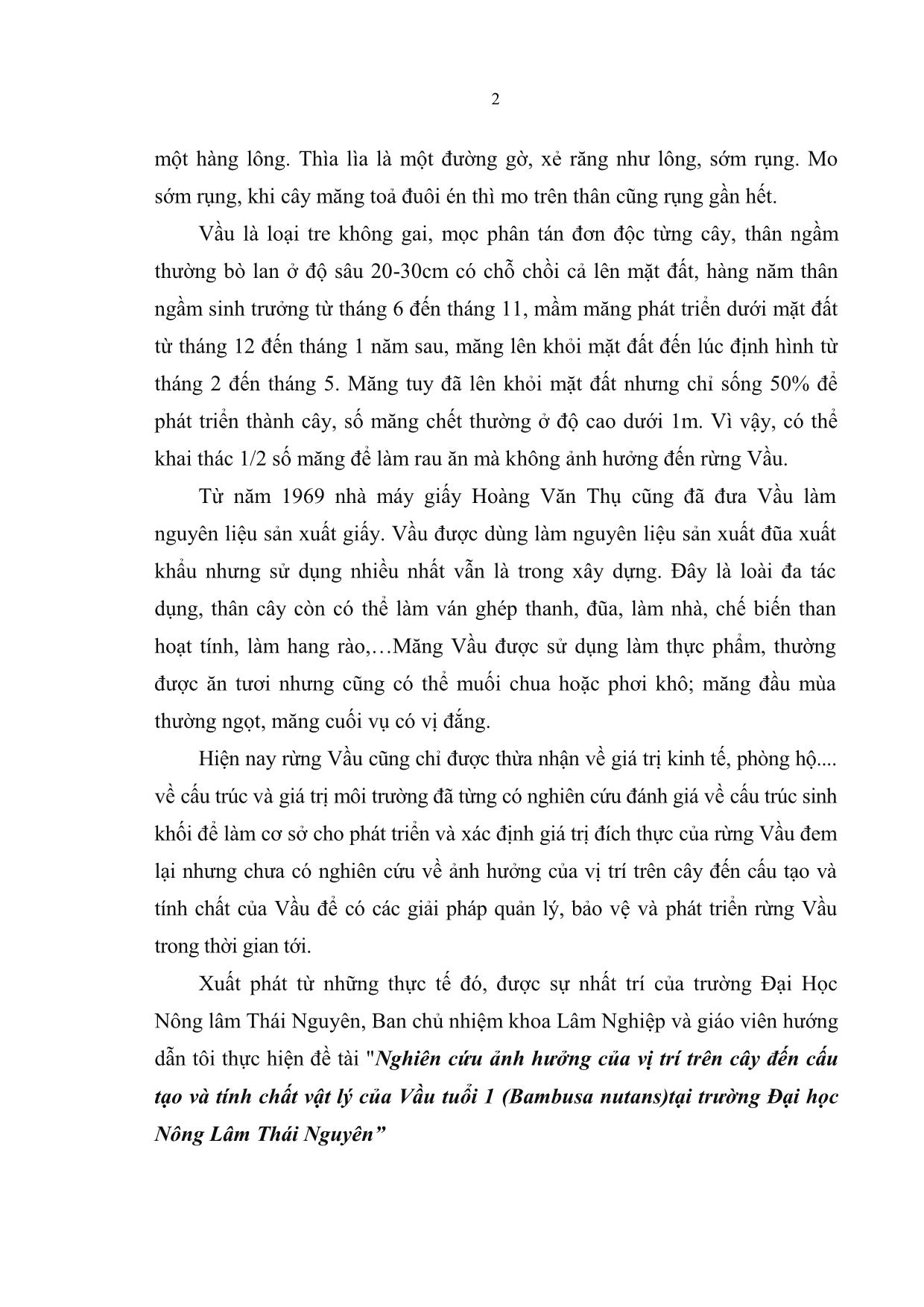 Khóa luận Nghiên cứu ảnh hưởng của vị trí trên cây đến cấu tạo và tính chất vật lý của Vầu tuổi 1 (Bambusa Nutans) tại trường Đại học Nông lâm Thái Nguyên trang 10
