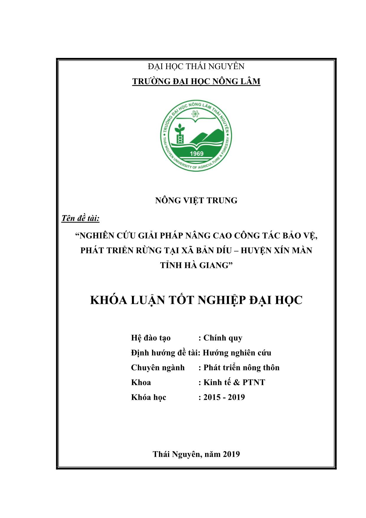 Khóa luận Nghiên cứu giải pháp nâng cao công tác bảo vệ, phát triển rừng tại xã Bản Díu, huyện Xín Mần, tỉnh Hà Giang trang 1