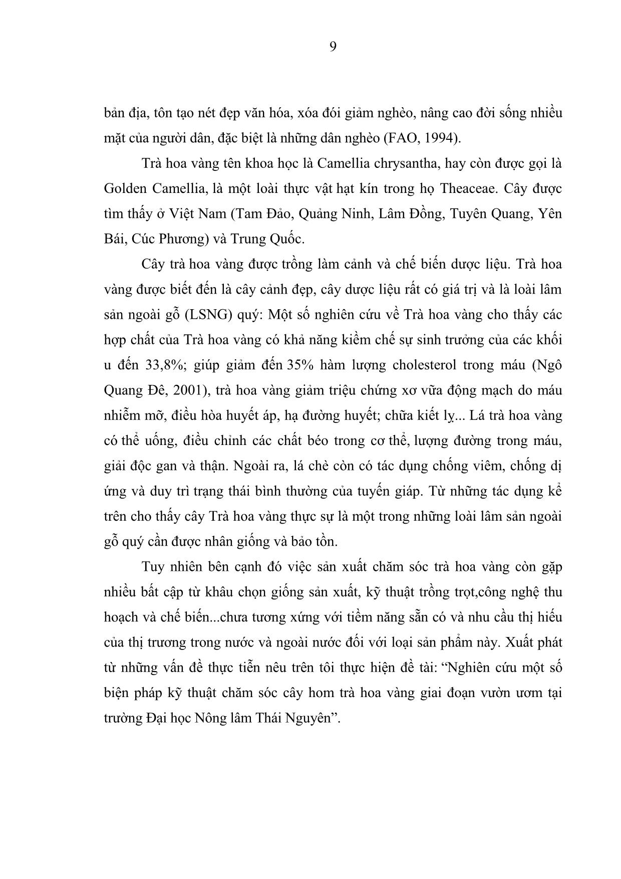 Khóa luận Nghiên cứu một số biện pháp kỹ thuật chăm sóc cây hom trà hoa vàng giai đoạn vườn ươm tại trường Đại học Nông Lâm Thái Nguyên trang 10