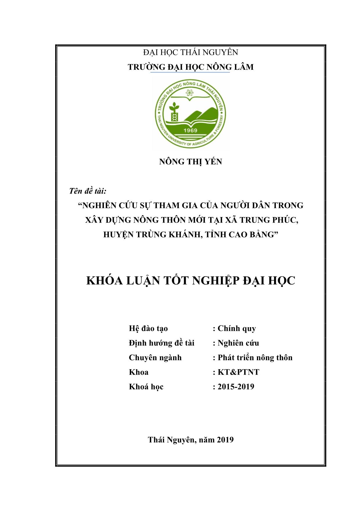 Khóa luận Nghiên cứu sự tham gia của người dân trong xây dựng nông mới tại xã Trung Phúc, huyện Trùng Khánh, tỉnh Cao Bằng trang 1