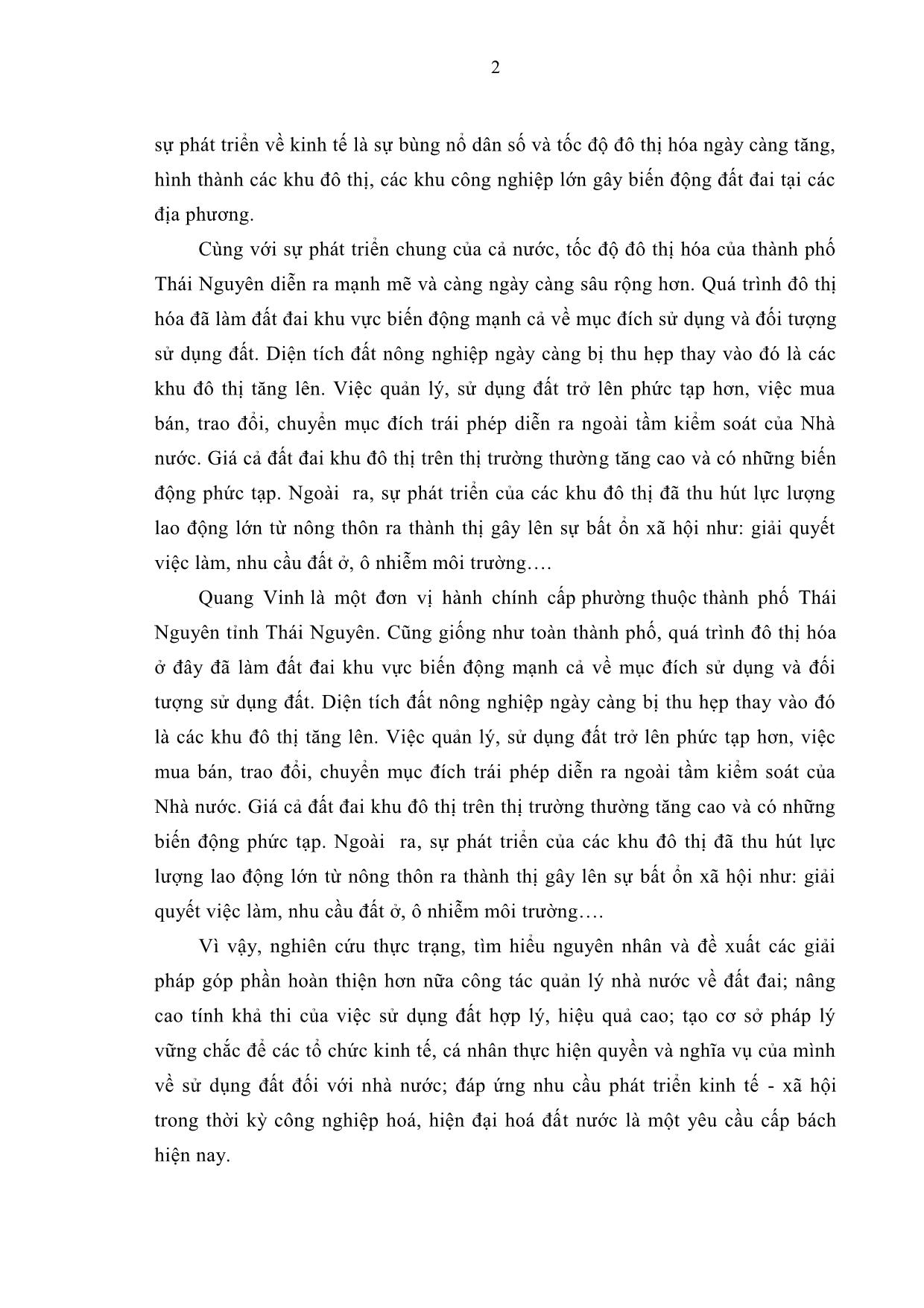 Khóa luận Nghiên cứu thực trạng chuyển đổi mục đích sử dụng đất trên địa bàn phường Quang Vinh, thành phố Thái Nguyên giai đoạn 2014-2018 trang 10
