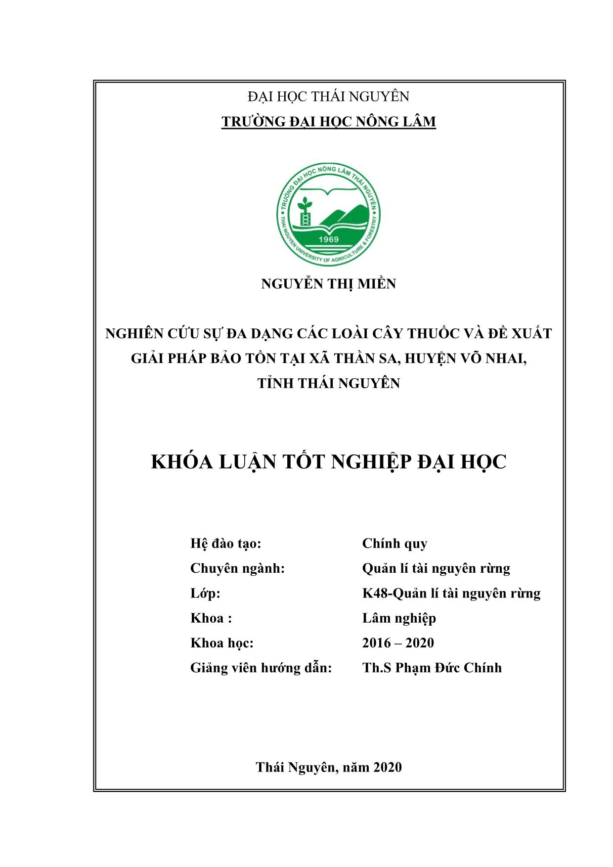 Khóa luận Nghiên cứu sự đa dạng các loài cây thuốc và đề xuất giải pháp bảo tồn tại xã Thần Sa, huyện Võ Nhai, tỉnh Thái Nguyên trang 2
