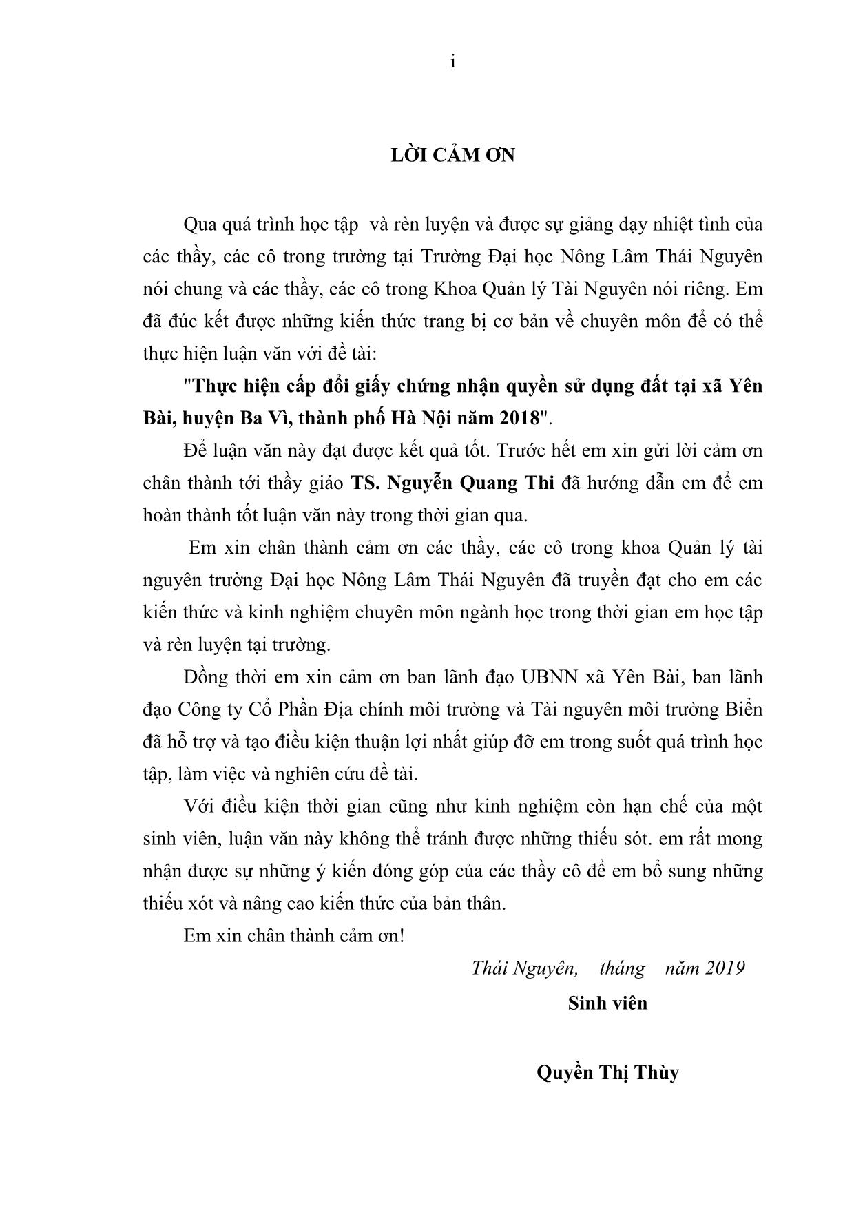 Khóa luận Thực hiện cấp đổi giấy chứng nhận quyền sử dụng đất tại xã Yên Bài, huyện Ba Vì, thành phố Hà Nội năm 2018 trang 3