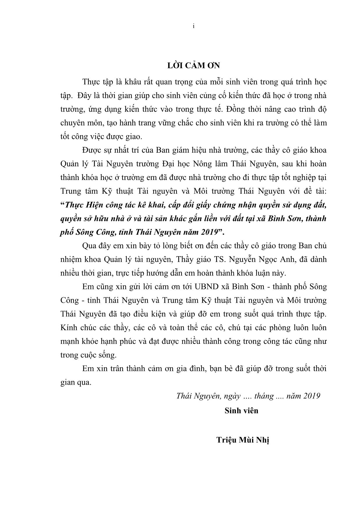 Khóa luận Thực Hiện công tác kê khai, cấp đổi giấy chứng nhận quyền sử dụng đất, quyền sở hữu nhà ở và tài sản khác gắn liền với đất tại xã Bình Sơn, thành phố Sông Công, tỉnh Thái Nguyên năm 2019 trang 3