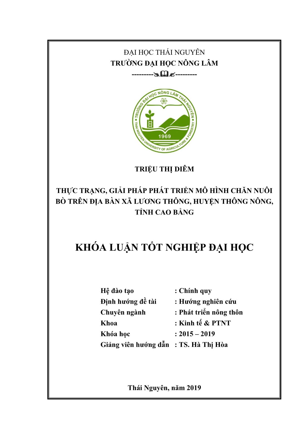 Khóa luận Thực trạng, giải pháp phát triển mô hình chăn nuôi bò trên địa bàn xã Lương Thông, huyện Thông Nông, tỉnh Cao Bằng trang 2