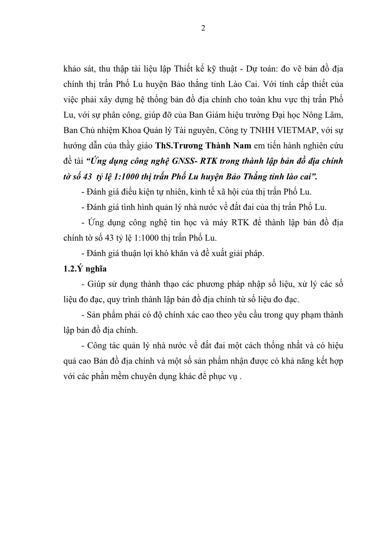 Khóa luận Ứng dụng công nghệ GNSS-RTK trong thành lập bản đồ điịa chính tờ 43, thị trấn Phố Lu, huyện Bảo Thắng, tỉnh Lào Cai trang 10