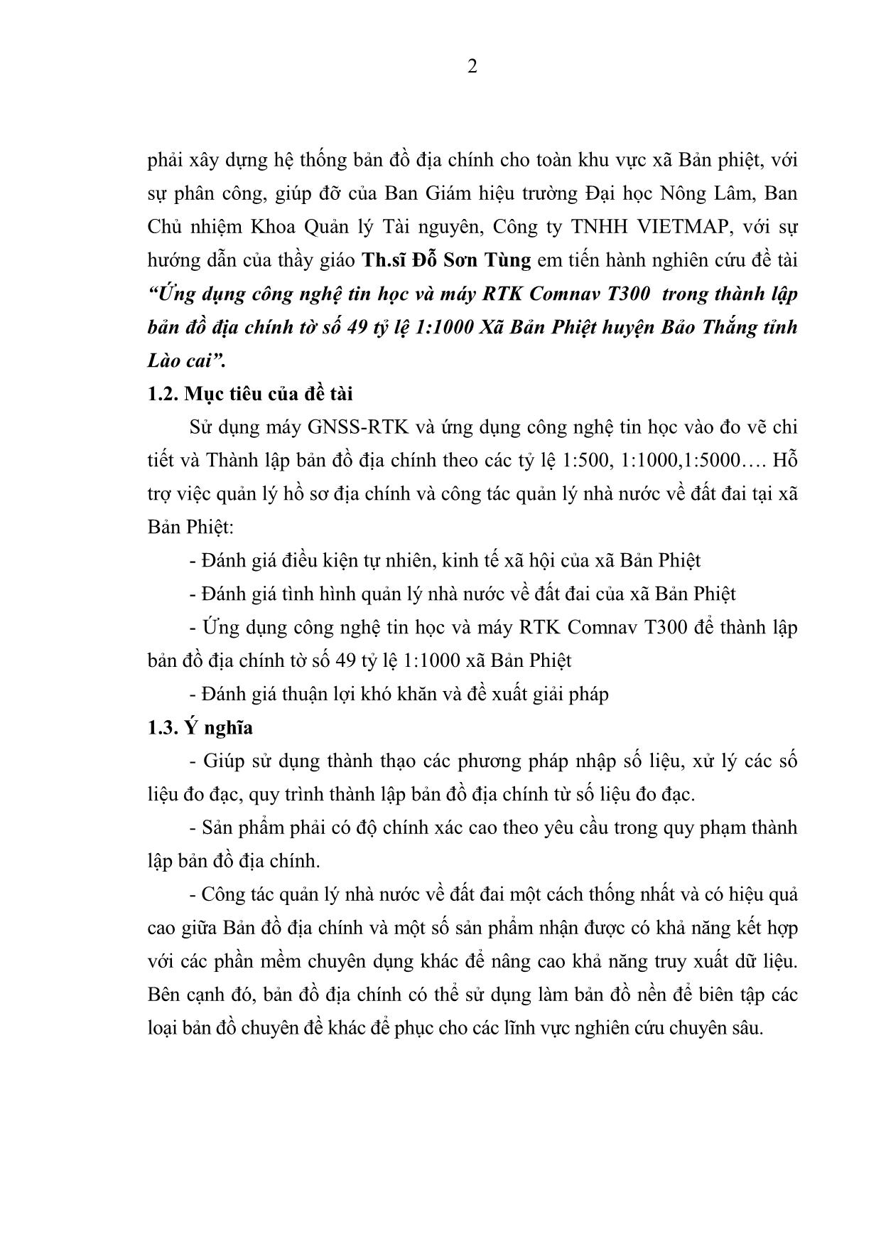 Khóa luận Ứng dụng công nghệ tin học và máy RTK Comnav T300 trong thành lập bản đồ địa chính tờ số 49 tỷ lệ 1:1000 xã Bản Phiệt huyện Bảo Thắng tỉnh Lào Cai trang 10