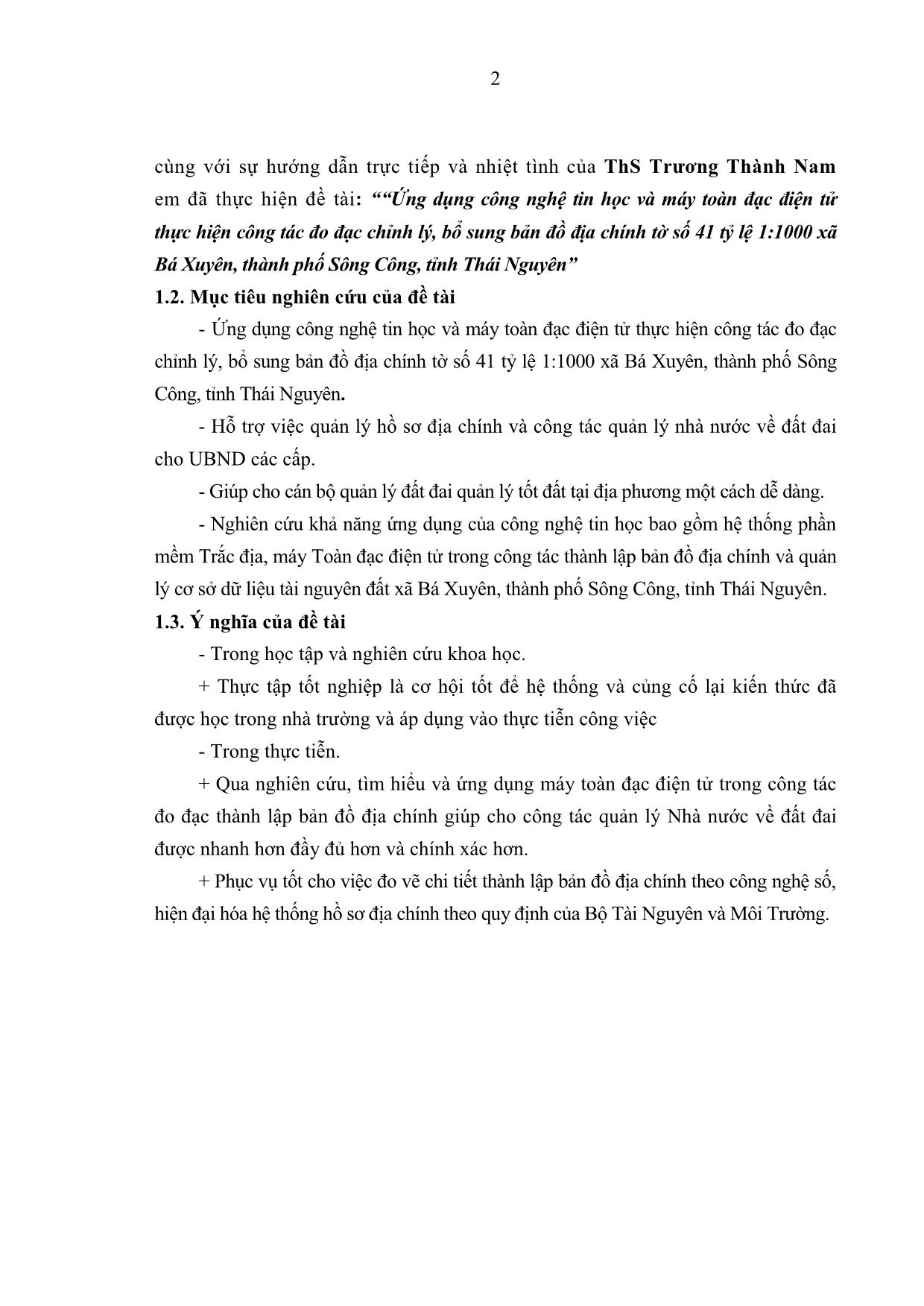 Khóa luận Ứng dụng công nghệ tin học và máy toàn đạc điện tử thực hiện công tác đo đạc chỉnh lý, bổ sung bản đồ địa chính tờ số 41 tỷ lệ 1:1000 xã Bá Xuyên, thành phố Sông Công, tỉnh Thái Nguyên trang 10