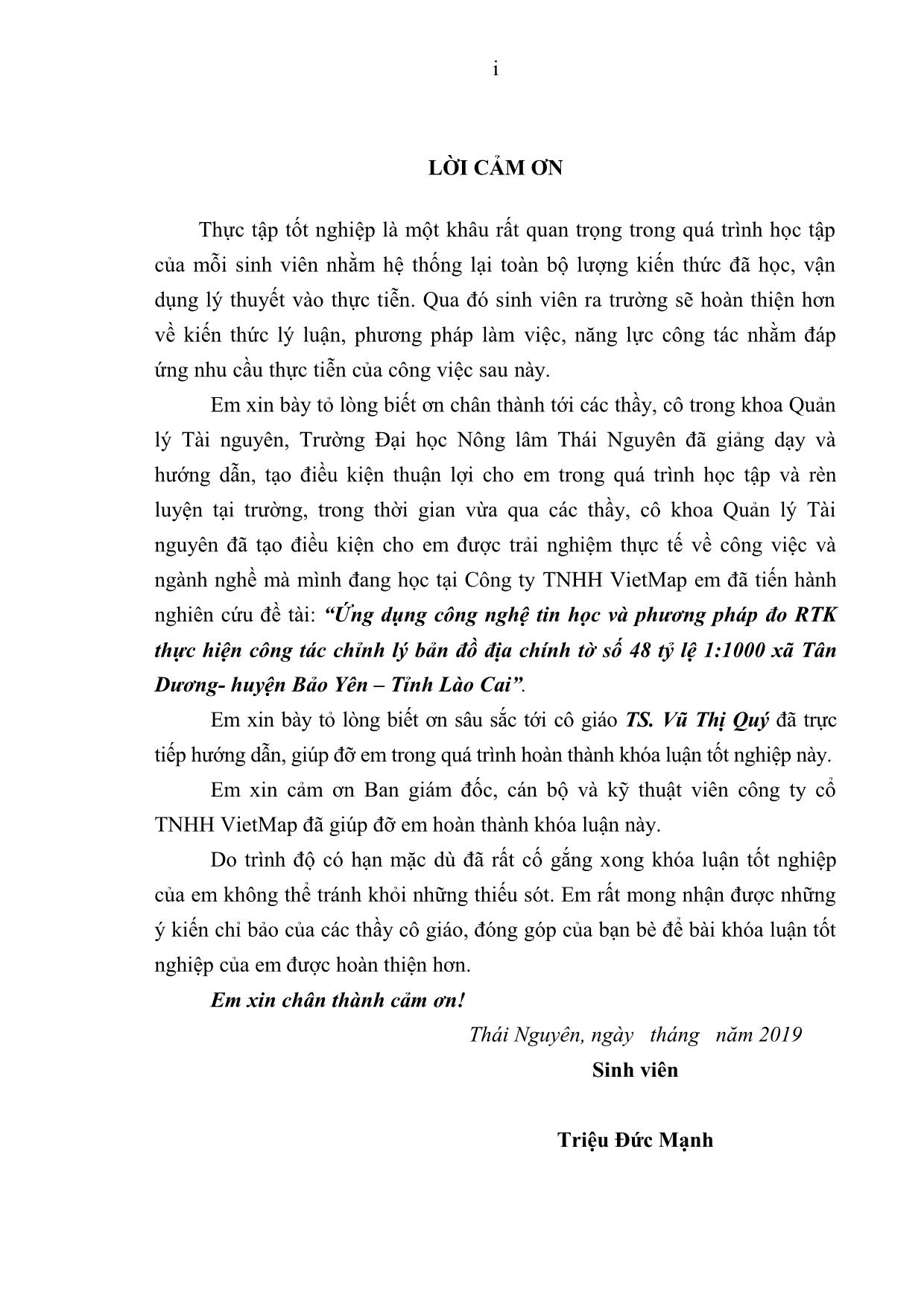 Khóa luận Ứng dụng công nghệ tin học và phương pháp đo RTK thực hiện công tác chỉnh lý bản đồ địa chính tờ số 48 tỷ lệ 1:1000 xã Tân Dương - Huyện Bảo Yên – Tỉnh Lào Cai trang 3