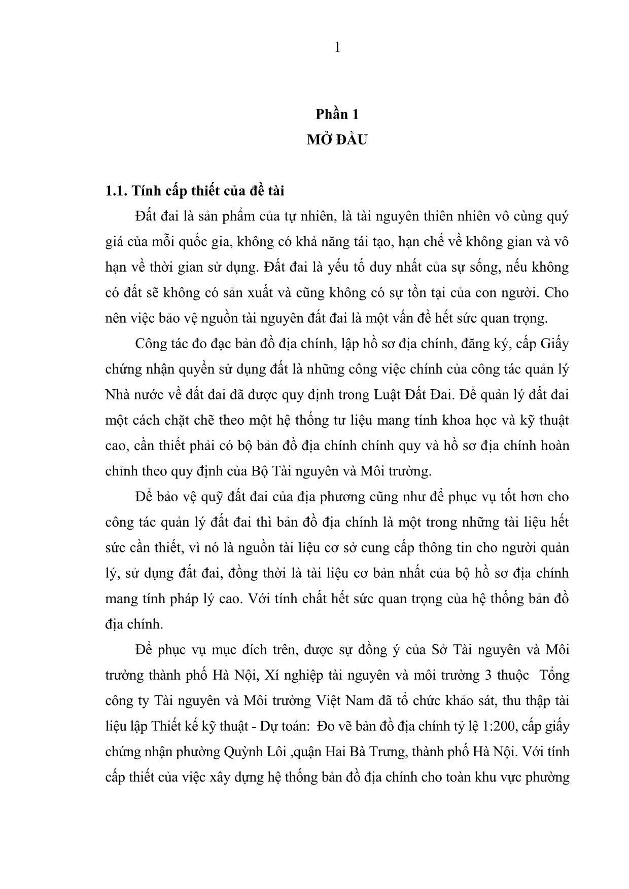 Khóa luận Ứng dụng công nghệ tin học và phương pháp toàn đạc điện tử thành lập bản đồ địa chính tờ số 21 tỷ lệ 1:200 phường Quỳnh Lôi, quận Hai Bà Trưng, thành phố Hà Nội trang 10