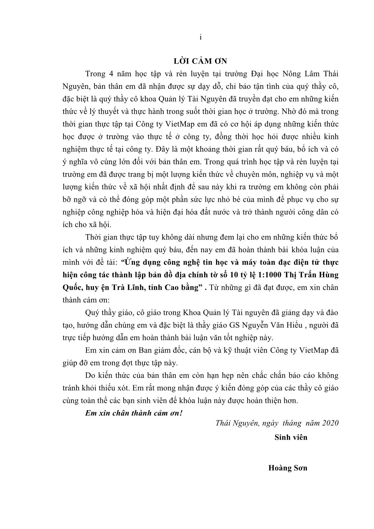 Khóa luận Ứng dụng công nghệ tin học và phương pháp máy toàn đạc điện tử thực hiện công tác thành lập bản đồ địa chính tờ số 10 tỷ lệ 1:1000 Thị Trấn Hùng Quốc, Huyện Trà Lĩnh, Tỉnh Cao Bằng năm 2020 trang 3