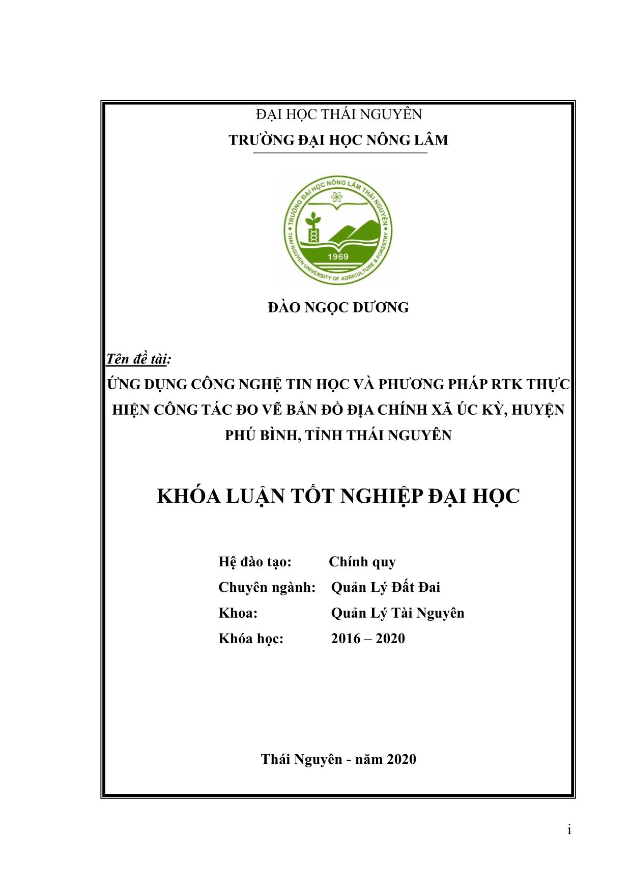 Khóa luận Ứng dụng công nghệ tin học và phương pháp RTK thực hiện công tác đo vẽ bản đồ địa chính xã Úc Kỳ, huyện Phú Bình, tỉnh Thái Nguyên trang 1