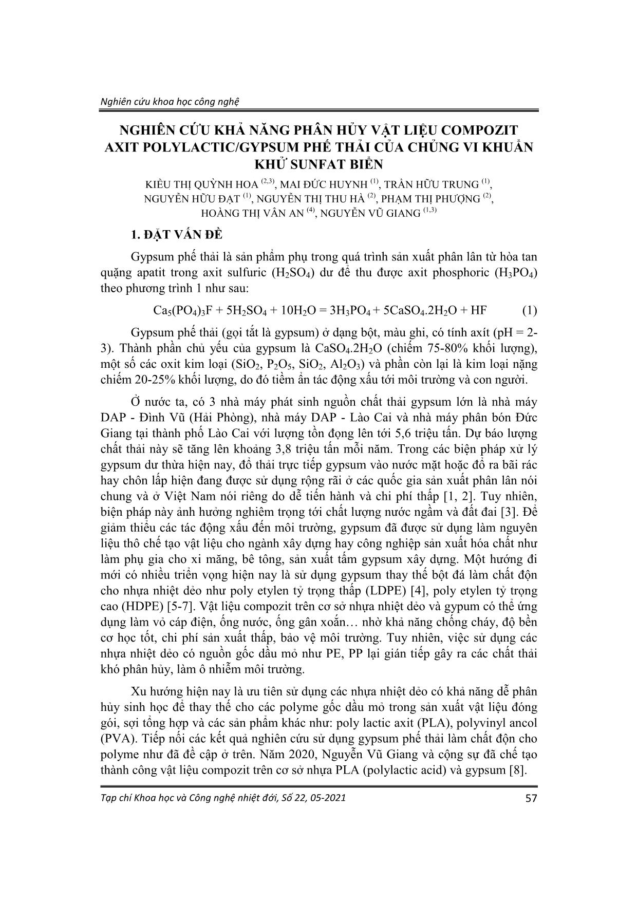 Nghiên cứu khả năng phân hủy vật liệu compozit axit polylactic/gypsum phế thải của chủng vi khuẩn khử sunfat biển trang 1