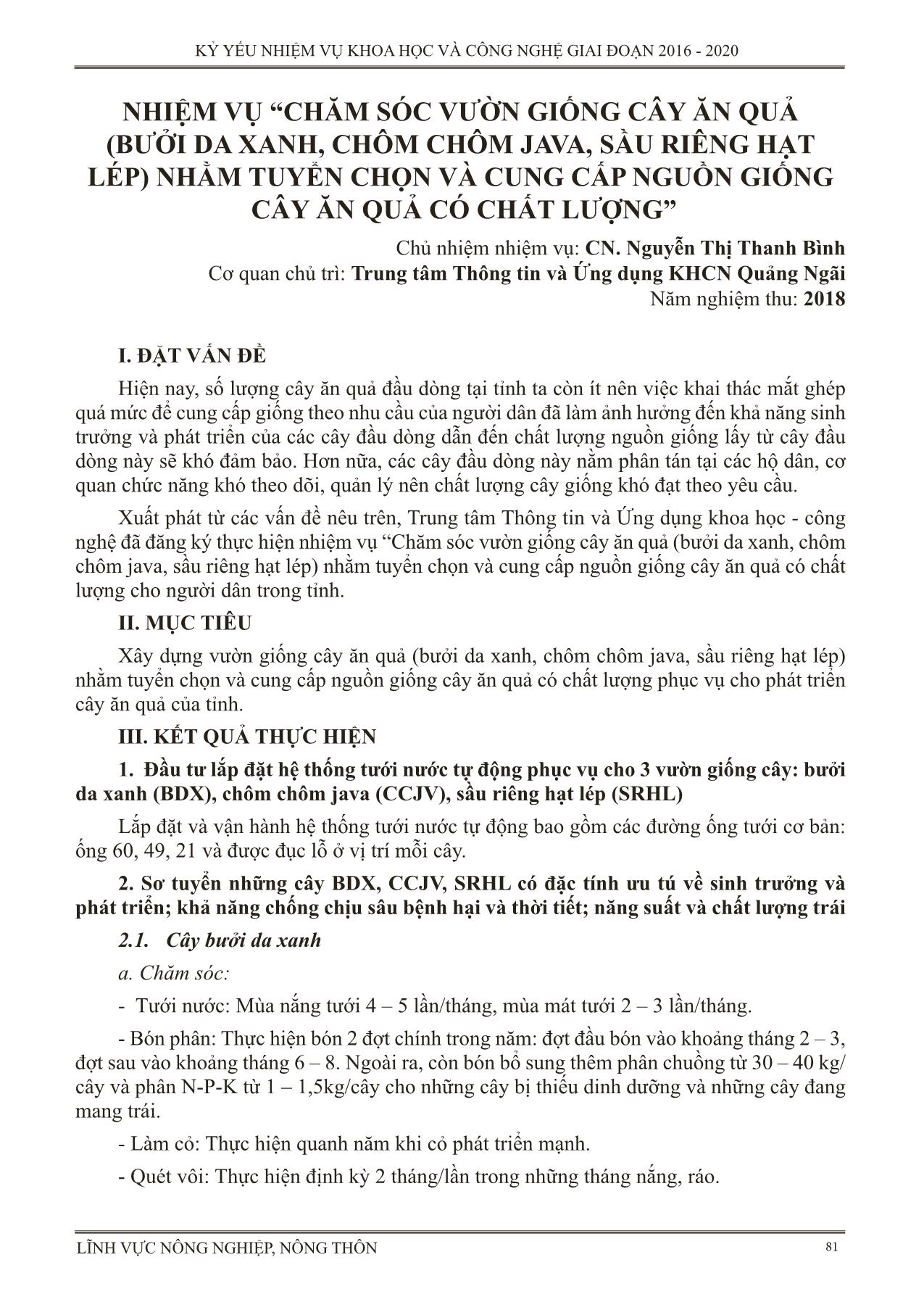 Nhiệm vụ “Chăm sóc vườn giống cây ăn quả (bưởi da xanh, chôm chôm Java, sầu riêng hạt lép) nhằm tuyển chọn và cung cấp nguồn giống cây ăn quả có chất lượng” trang 1