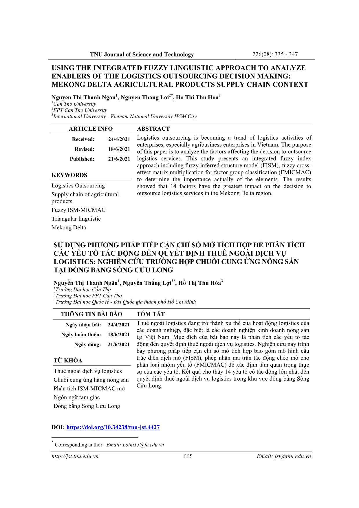 Sử dụng phương pháp tiếp cận chỉ số mờ tích hợp để phân tích các yếu tố tác động đến quyết định thuê ngoài dịch vụ logistics: Nghiên cứu trường hợp chuỗi cung ứng nông sản tại đồng bằng sông Cửu Long trang 1