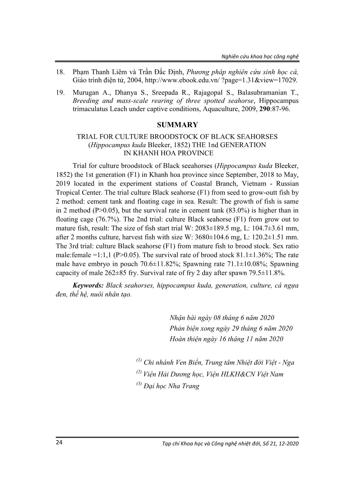 Thử nghiệm nuôi cá ngựa đen (Hippocampus kuda Bleeker, 1852) bố mẹ thế hệ thứ I tại Khánh Hòa trang 10