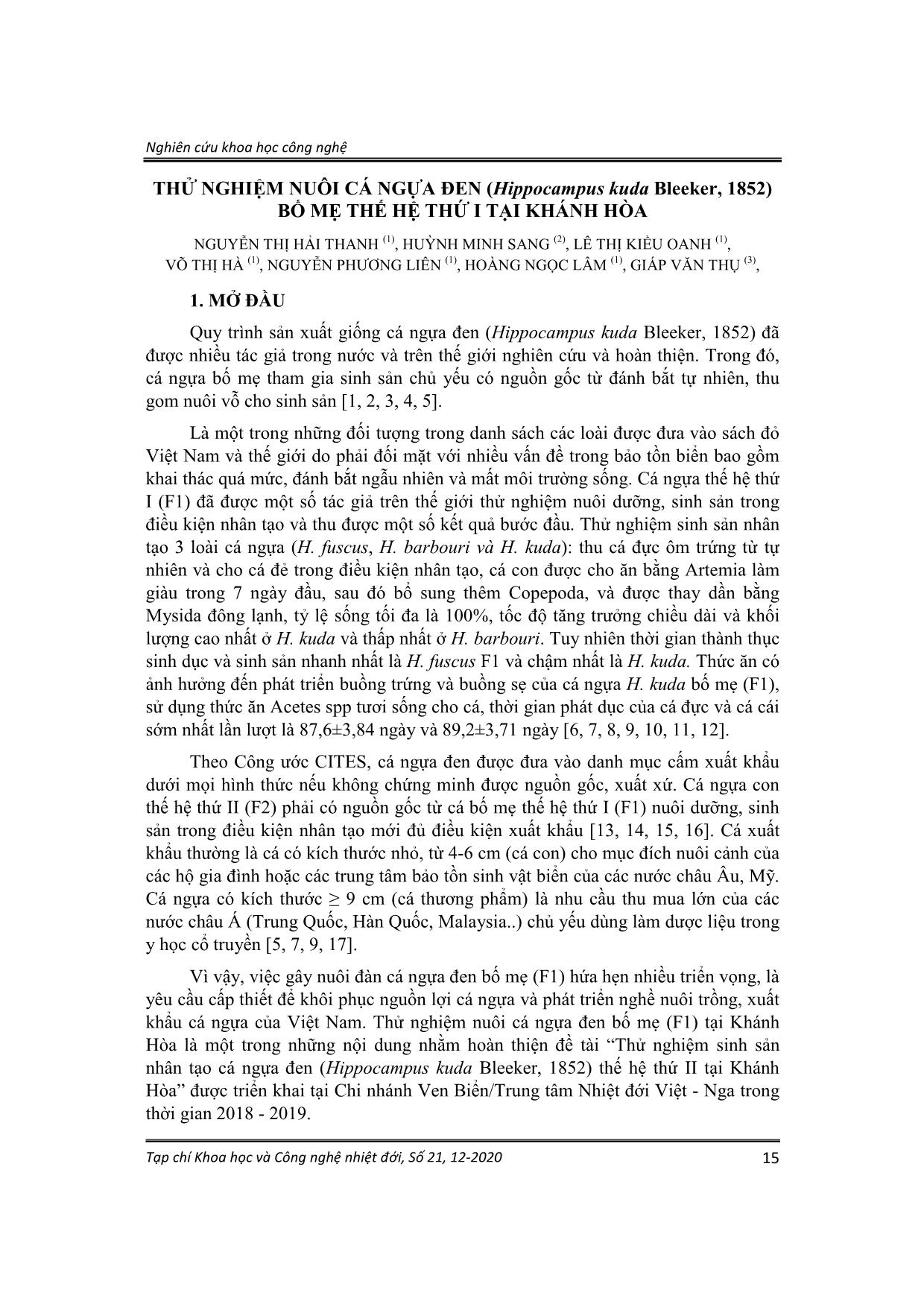 Thử nghiệm nuôi cá ngựa đen (Hippocampus kuda Bleeker, 1852) bố mẹ thế hệ thứ I tại Khánh Hòa trang 1