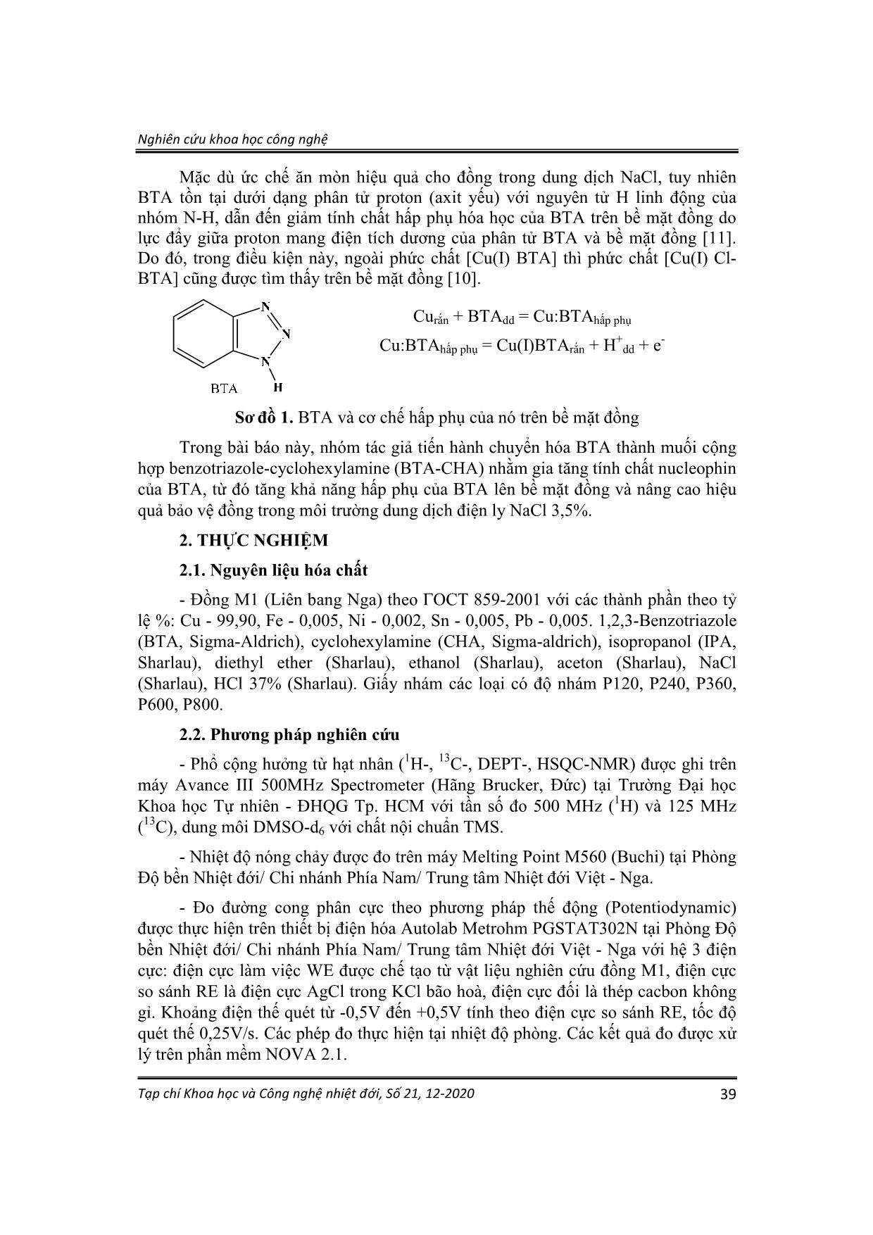 Tổng hợp và hiệu quả ức chế ăn mòn đồng của muối cộng hợp Benzotriazole-Cyclohexylamine trong dung dịch NaCl trang 2