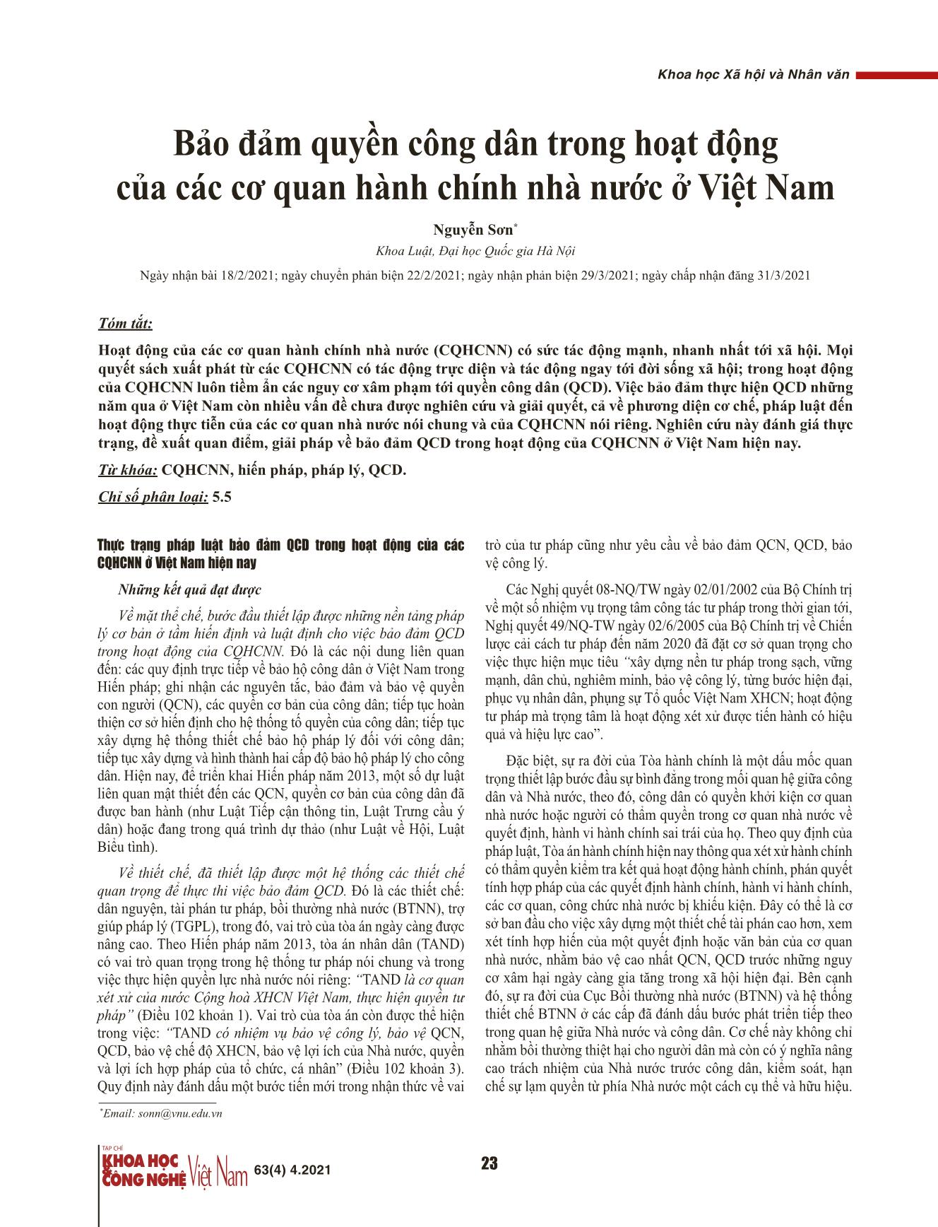 Bảo đảm quyền công dân trong hoạt động của các cơ quan hành chính nhà nước ở Việt Nam trang 1