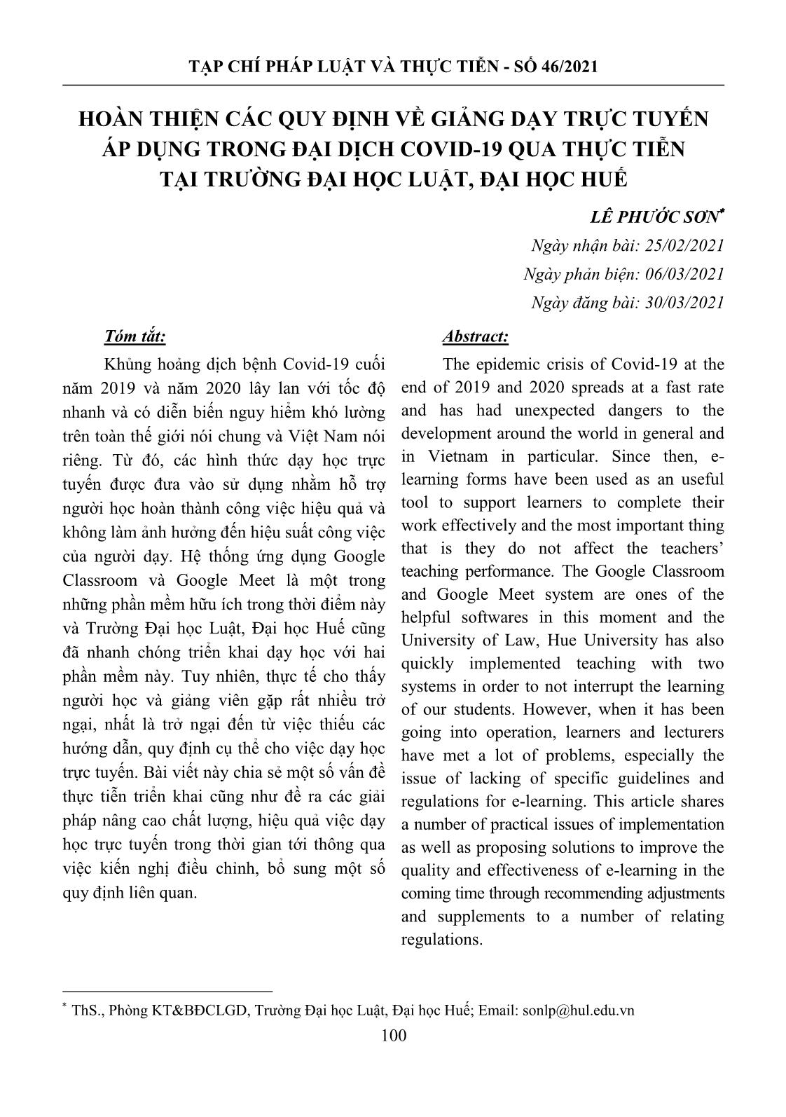 Hoàn thiện các quy định về giảng dạy trực tuyến áp dụng trong đại dịch Covid-19 qua thực tiễn tại trường Đại học Luật, Đại học Huế trang 1
