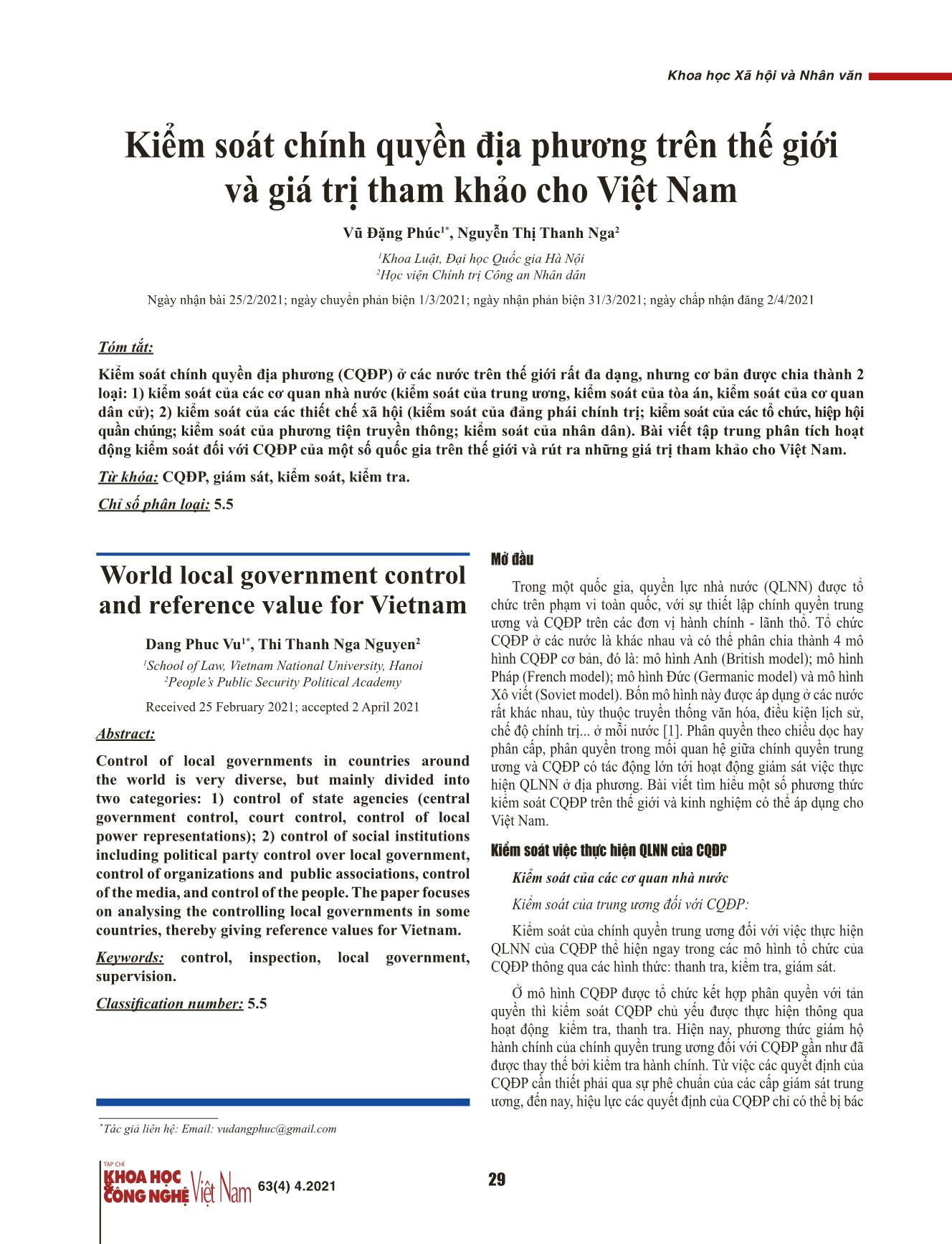 Kiểm soát chính quyền địa phương trên thế giới và giá trị tham khảo cho Việt Nam trang 1