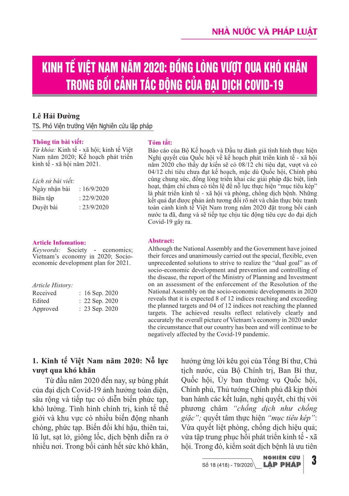 Kinh tế Việt Nam năm 2020: Đồng lòng vượt qua khó khăn trong bối cảnh tác động của đại dịch Covid-19 trang 1