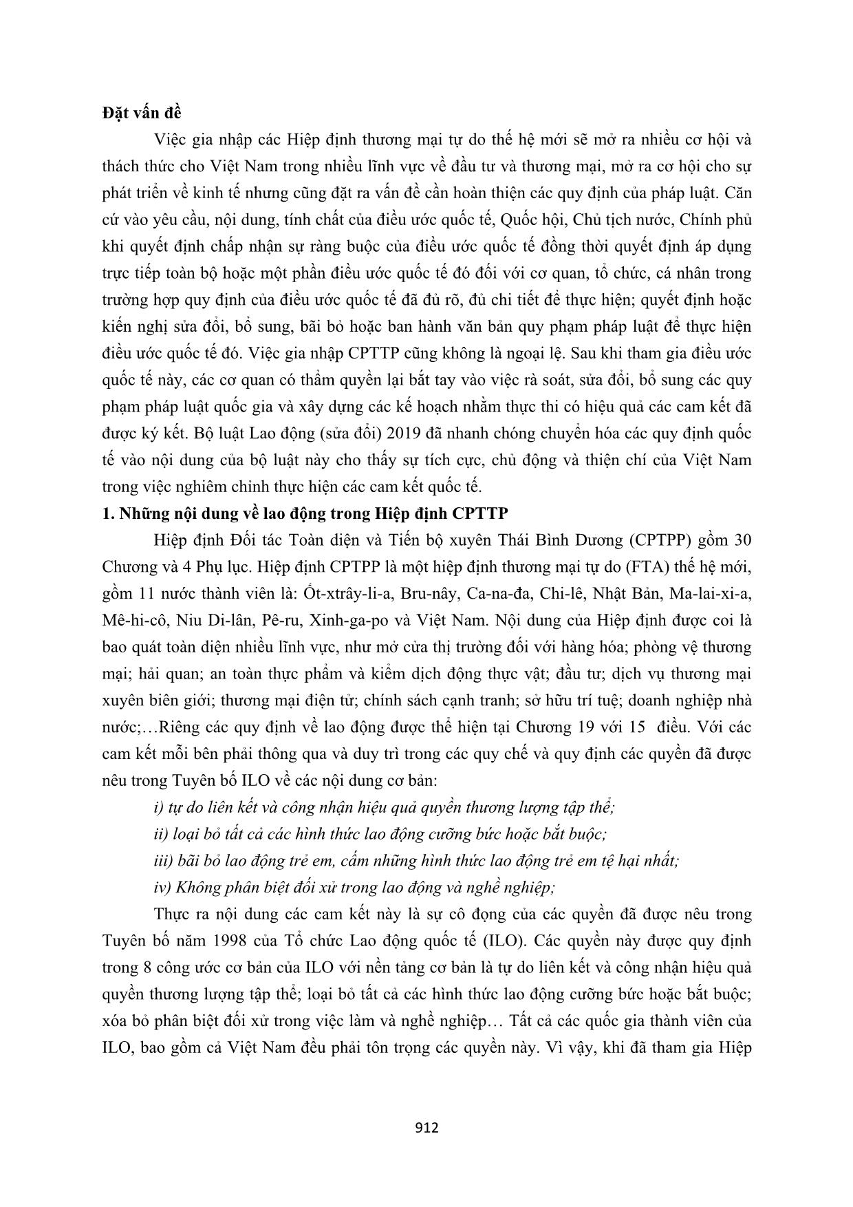 Nội luật hóa các cam kết trong CPTTP về lao động nhằm thực thi có hiệu quả các điều ước quốc tế đã ký kết tại Việt Nam trang 2