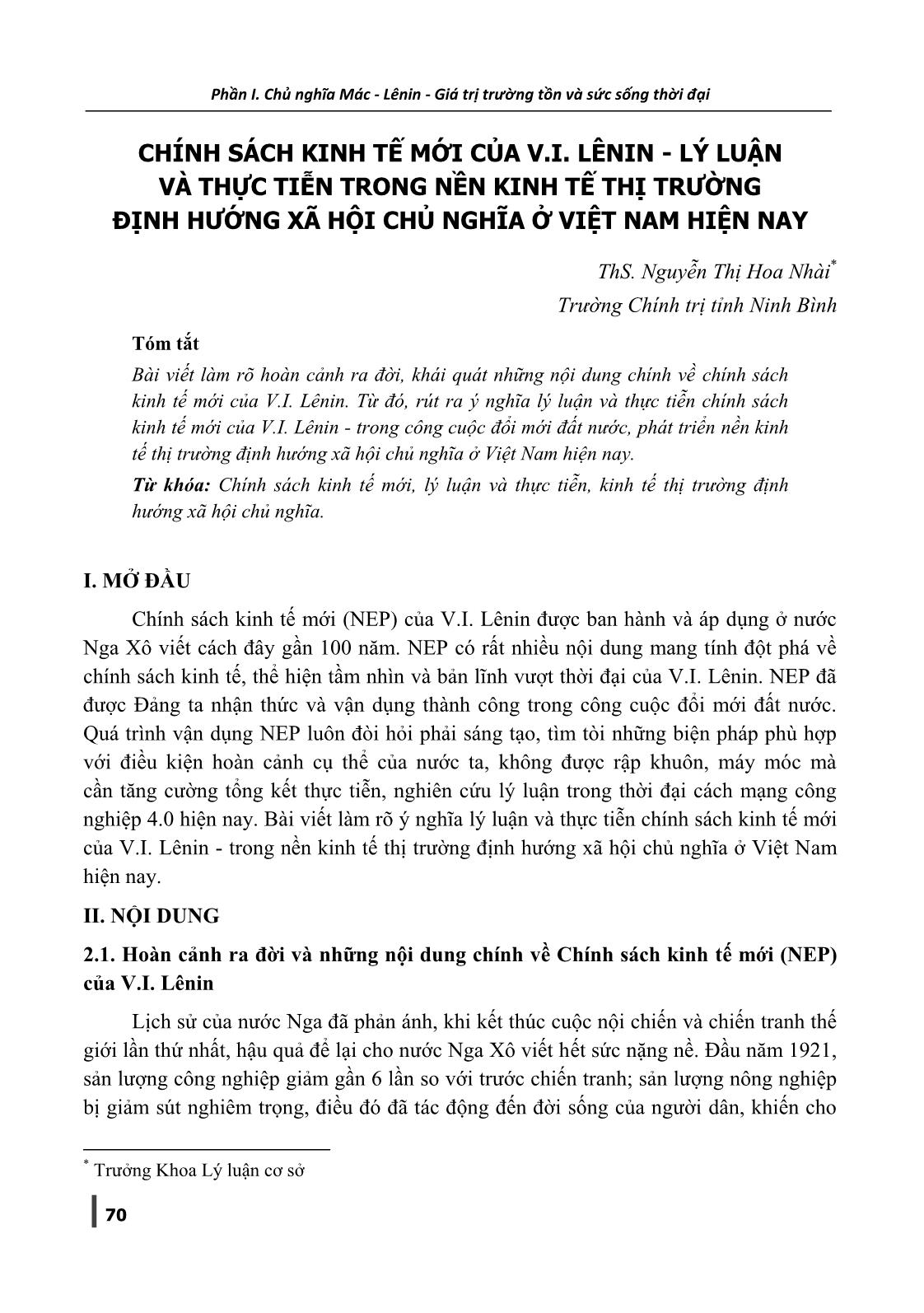 Chính sách kinh tế mới của V.I. Lênin - Lý luận và thực tiễn trong nền kinh tế thị trường định hướng xã hội chủ nghĩa ở Việt Nam hiện nay trang 1