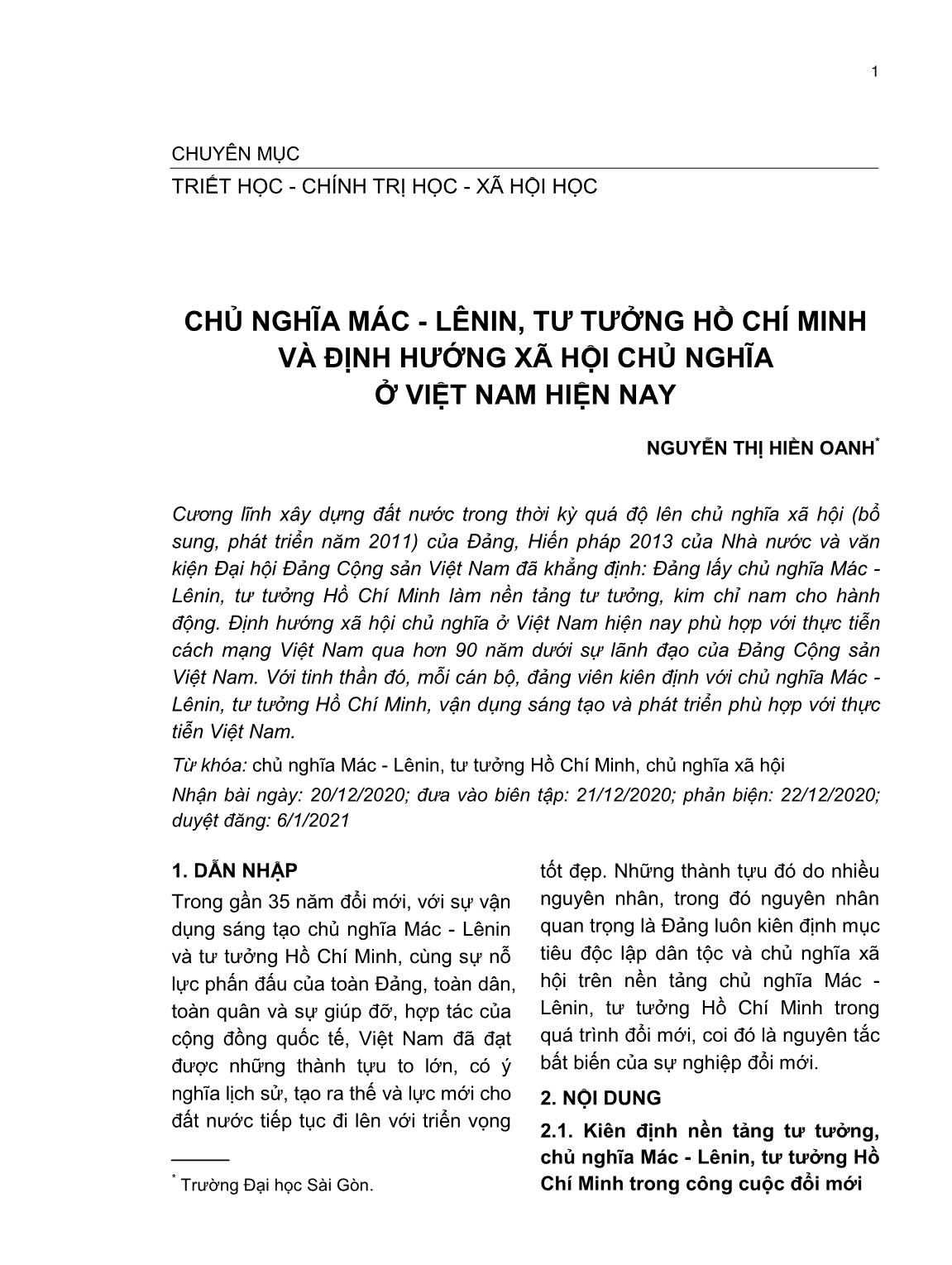 Chủ nghĩa Mác-Lênin, tư tưởng Hồ Chí Minh và định hướng xã hội chủ nghĩa ở Việt Nam hiện nay trang 1