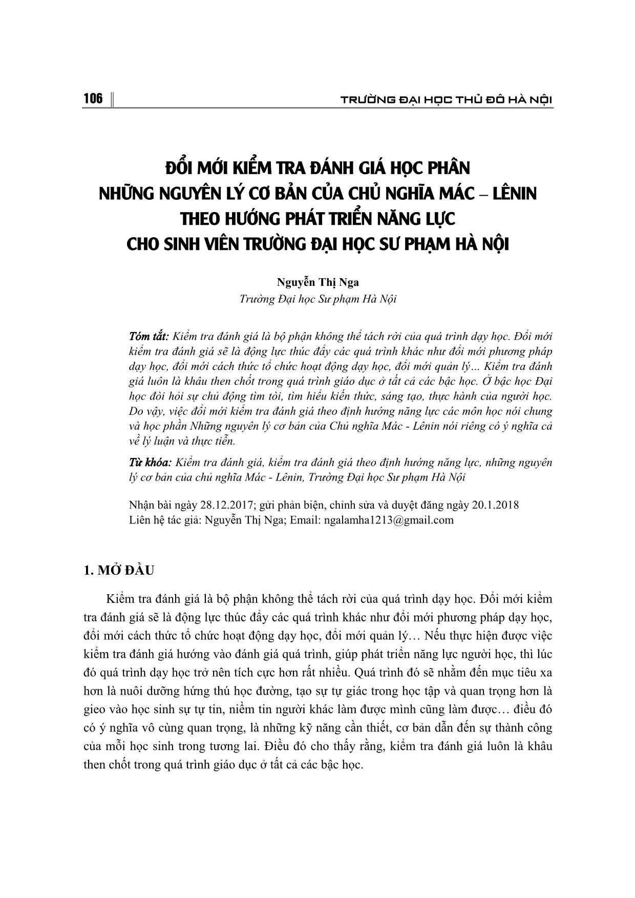 Đổi mới kiểm tra đánh giá học phần những nguyên lý cơ bản của chủ nghĩa Mác-Lênin theo hướng phát triển năng lực cho sinh viên trường Đại học Sư phạm Hà Nội trang 1