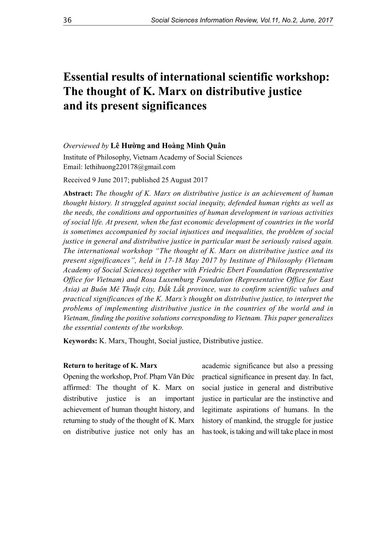 Essential results of international scientific workshop: The thought of K. Marx on distributive justice and its present significances trang 1