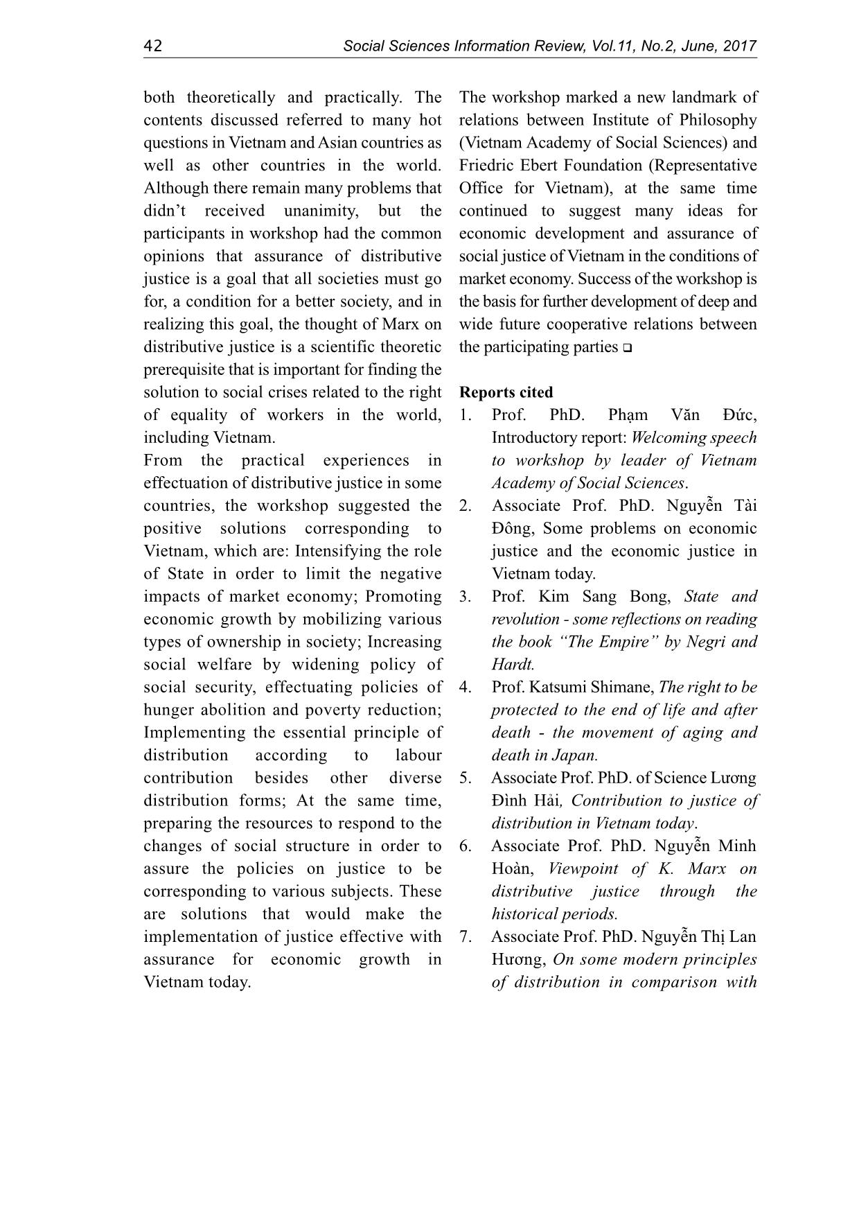 Essential results of international scientific workshop: The thought of K. Marx on distributive justice and its present significances trang 7